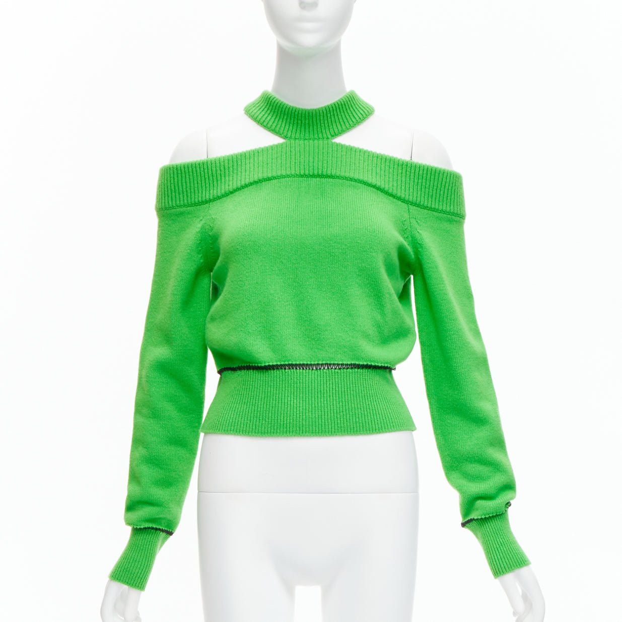 Alexander McQueen ALEXANDER MCQUEEN 2022 100% wool green cold shoulder black lattice seam sweater S Size S / US 4 / IT 40 - 3 Thumbnail