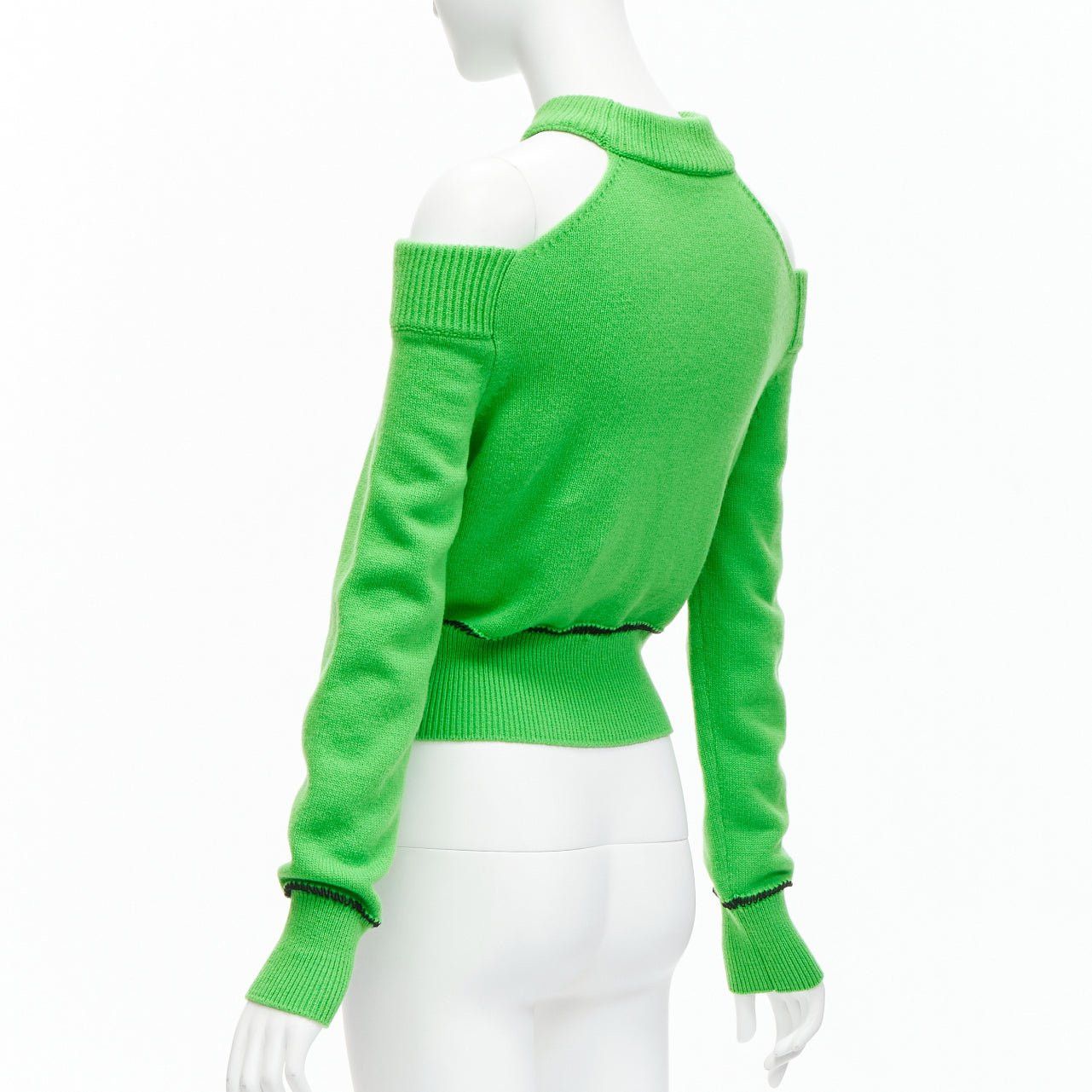 Alexander McQueen ALEXANDER MCQUEEN 2022 100% wool green cold shoulder black lattice seam sweater S Size S / US 4 / IT 40 - 6 Thumbnail