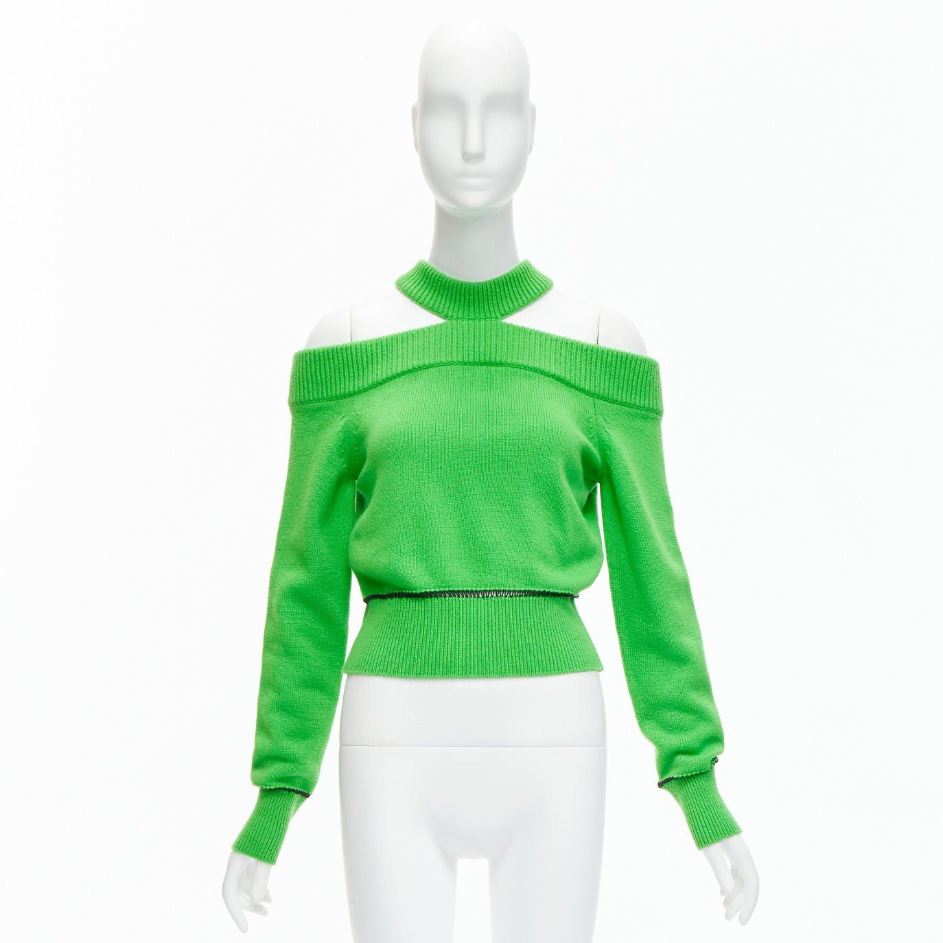 Alexander McQueen ALEXANDER MCQUEEN 2022 100% wool green cold shoulder black lattice seam sweater S Size S / US 4 / IT 40 - 9 Thumbnail