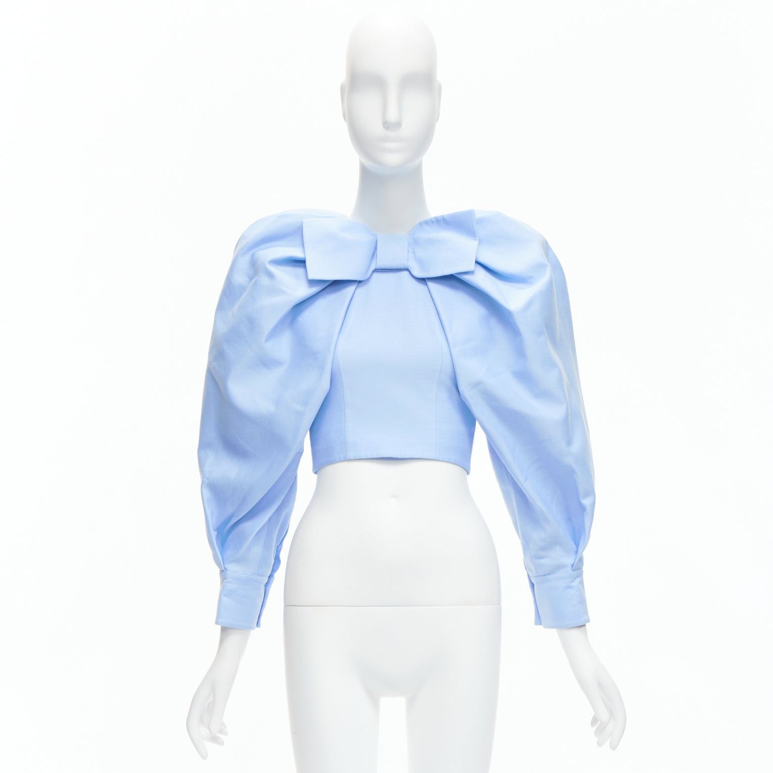 Shushu/Tong SHUSHU TONG blue cotton silk bow puff sleeve fitted cropped top UK6 XS Size XS / US 0-2 / IT 36-38 - 9 Thumbnail