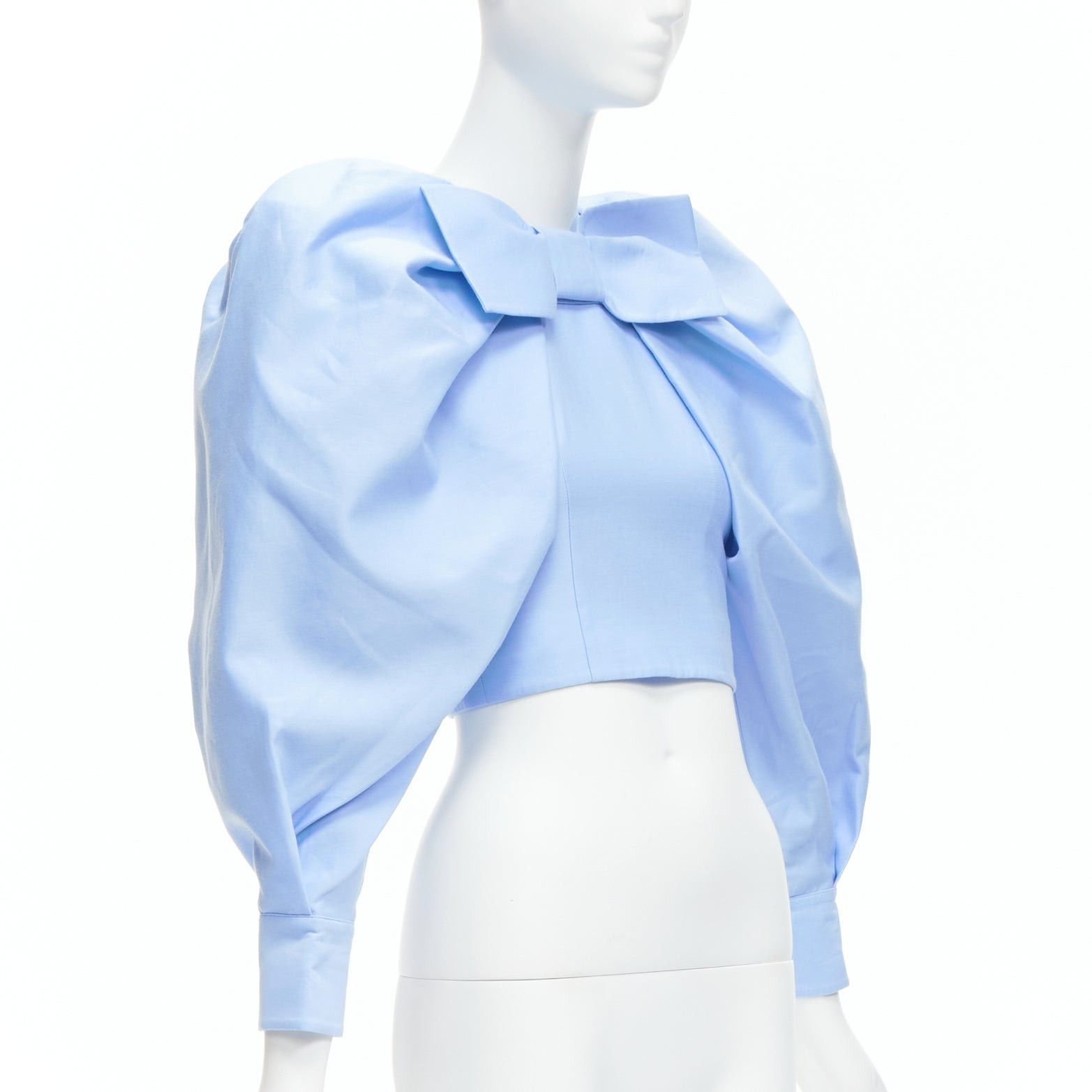 Shushu/Tong SHUSHU TONG blue cotton silk bow puff sleeve fitted cropped top UK6 XS Size XS / US 0-2 / IT 36-38 - 3 Thumbnail