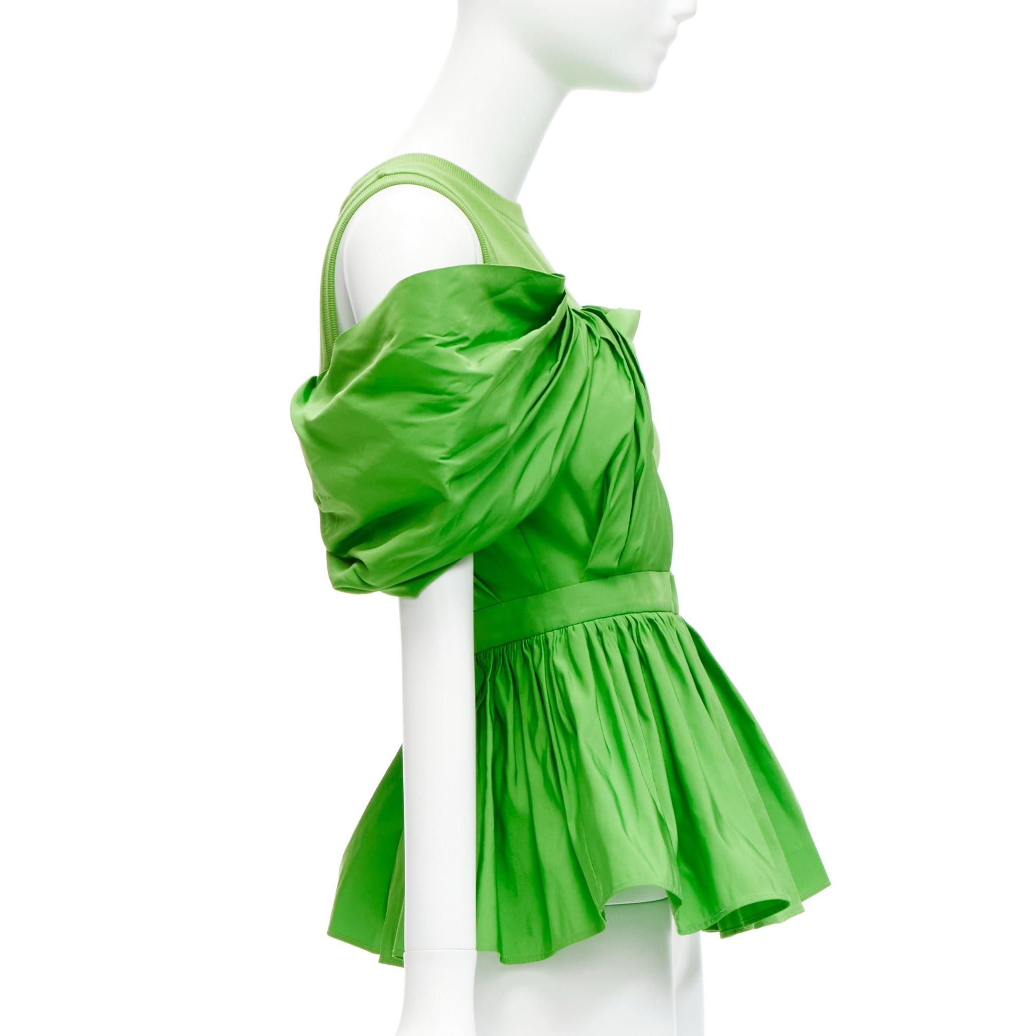ALEXANDER MCQUEEN 2023 green cotton pleated peplum faille cold shoulder top IT38 XS