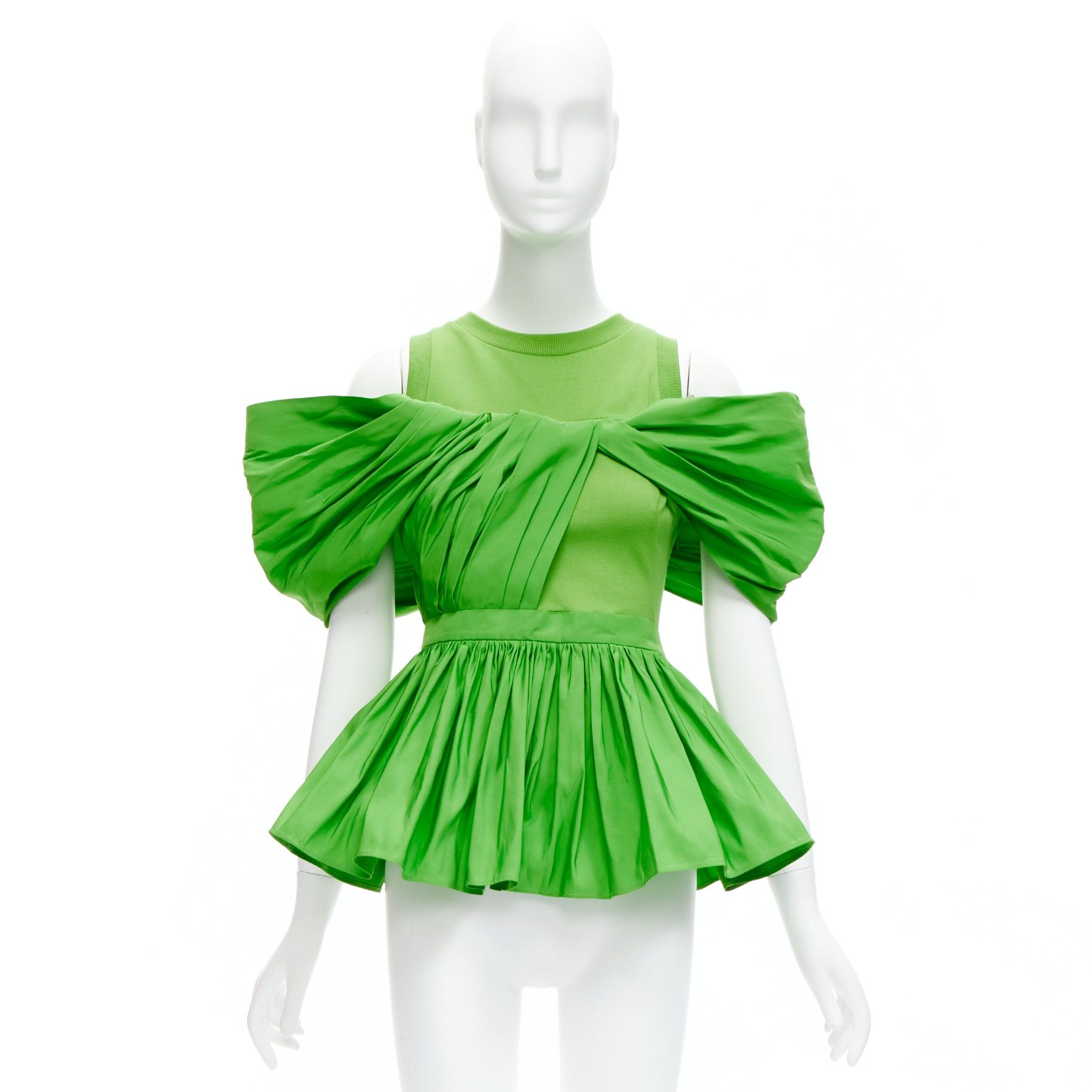 ALEXANDER MCQUEEN 2023 green cotton pleated peplum faille cold shoulder top IT38 XS