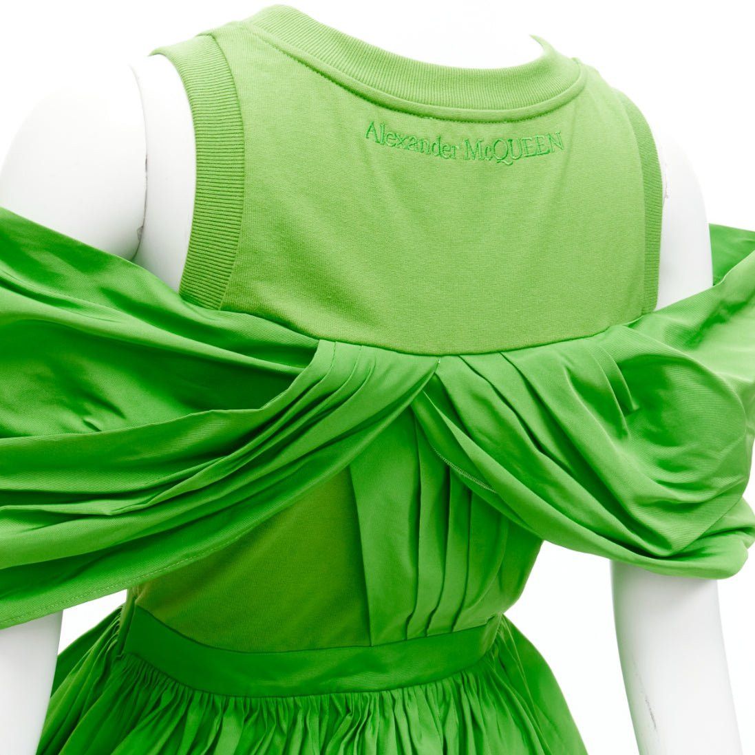 ALEXANDER MCQUEEN 2023 green cotton pleated peplum faille cold shoulder top IT38 XS
