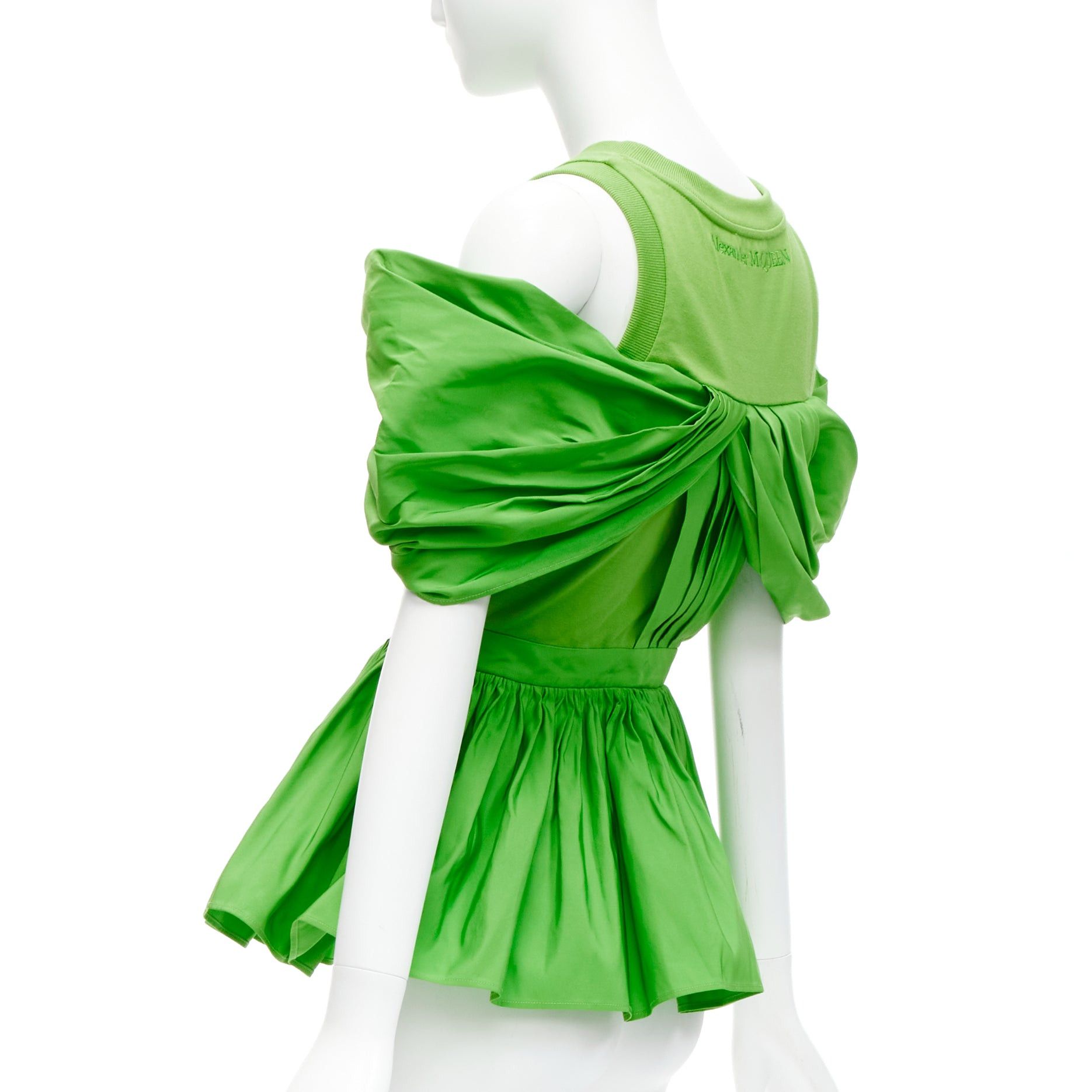 ALEXANDER MCQUEEN 2023 green cotton pleated peplum faille cold shoulder top IT38 XS