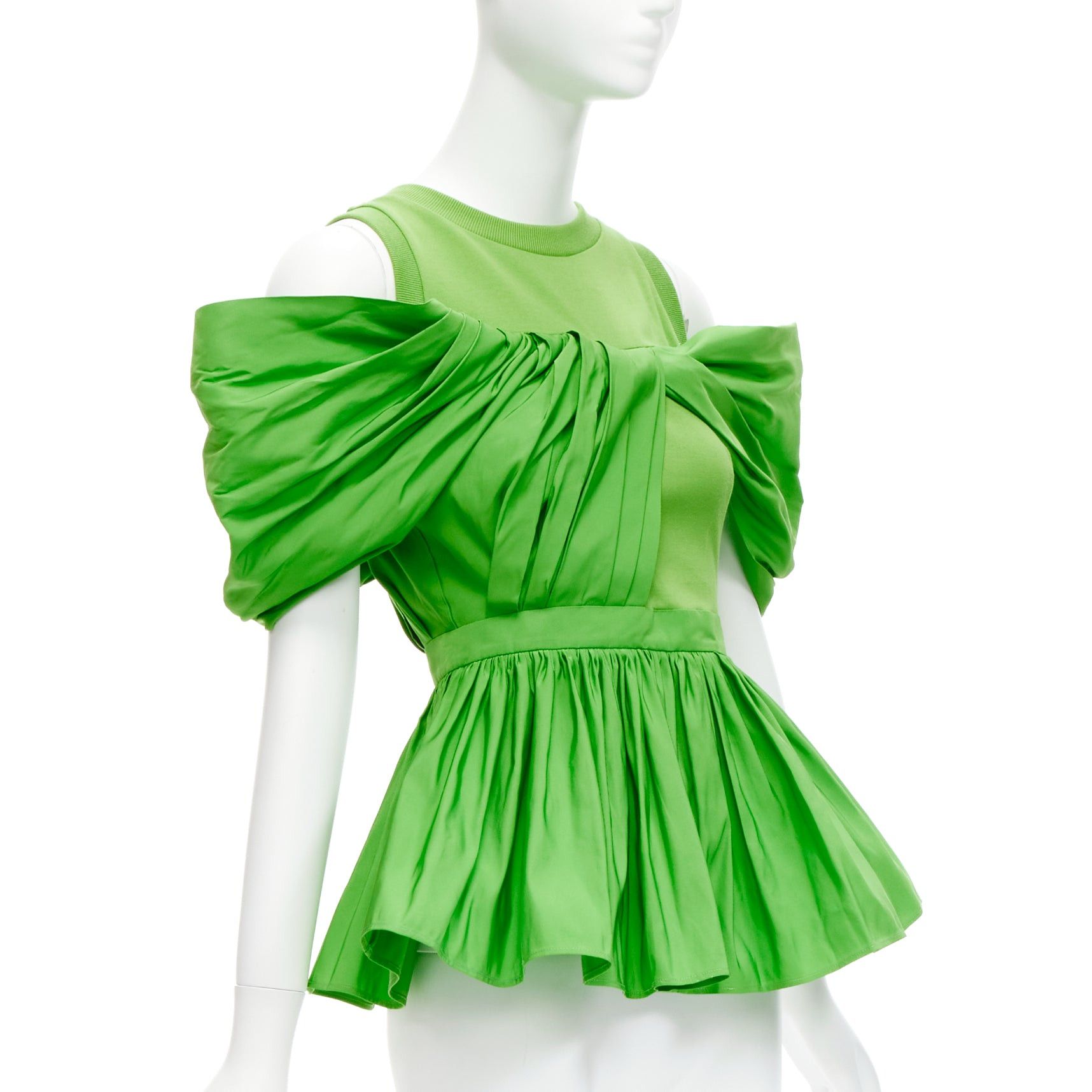 ALEXANDER MCQUEEN 2023 green cotton pleated peplum faille cold shoulder top IT38 XS