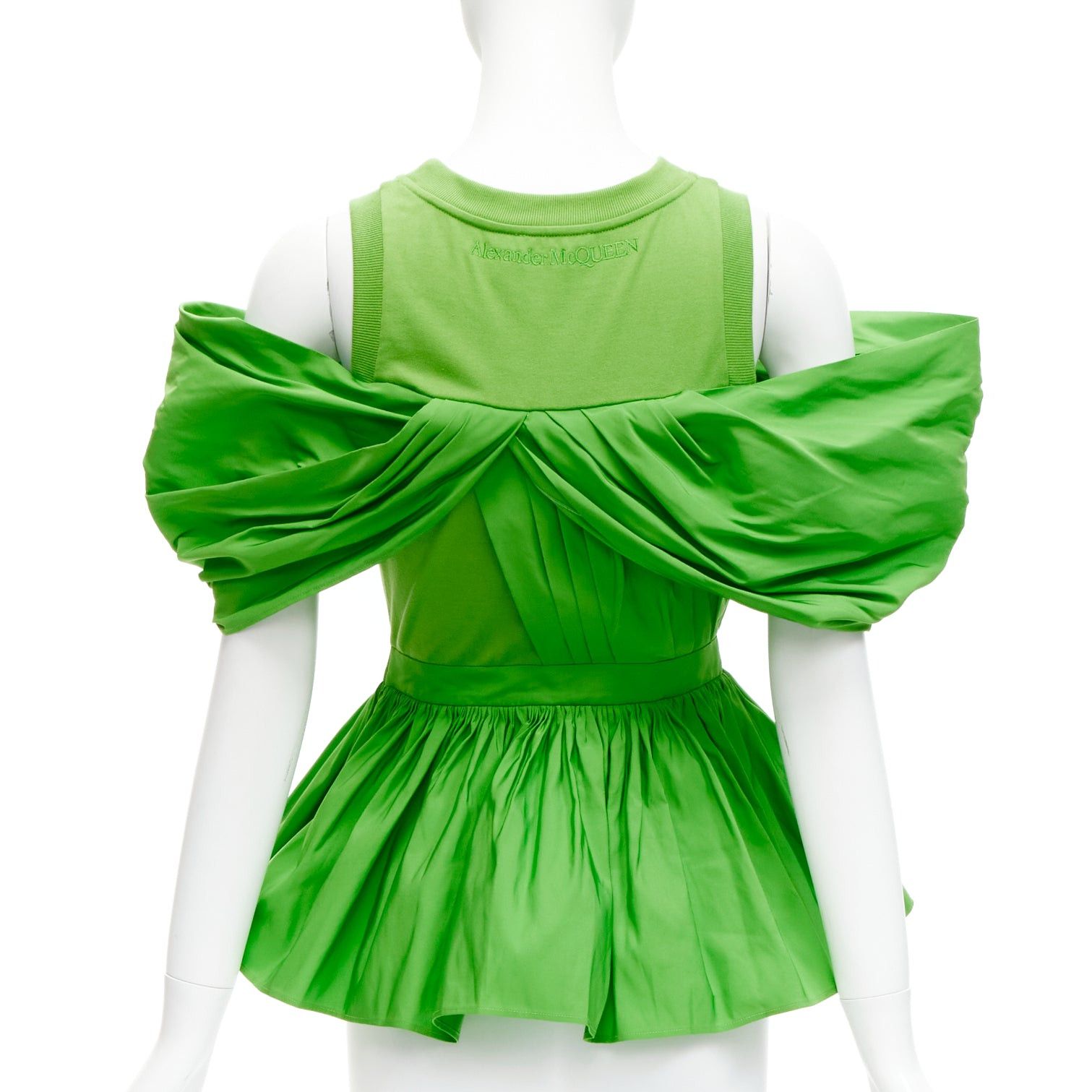 ALEXANDER MCQUEEN 2023 green cotton pleated peplum faille cold shoulder top IT38 XS