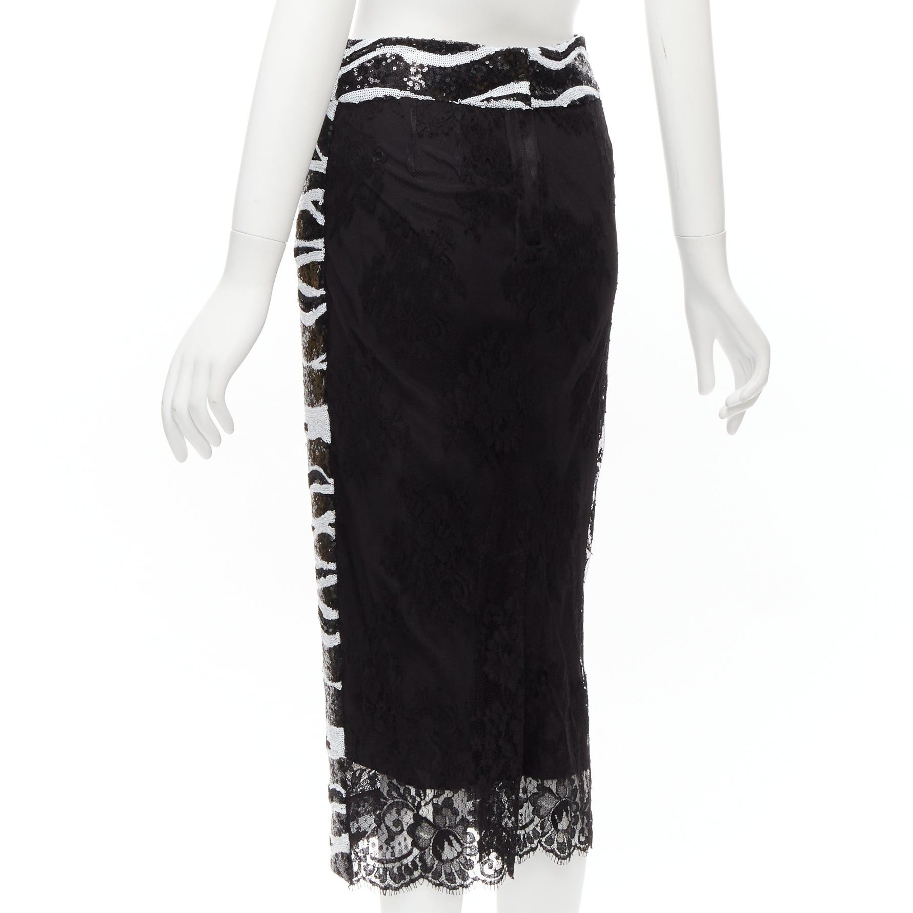 Dolce & Gabbana DOLCE GABBANA 2022 black white zebra sequins chantilly lace back pencil skirt IT38 XS Size 26" / US 2 / IT 38 - 5 Thumbnail