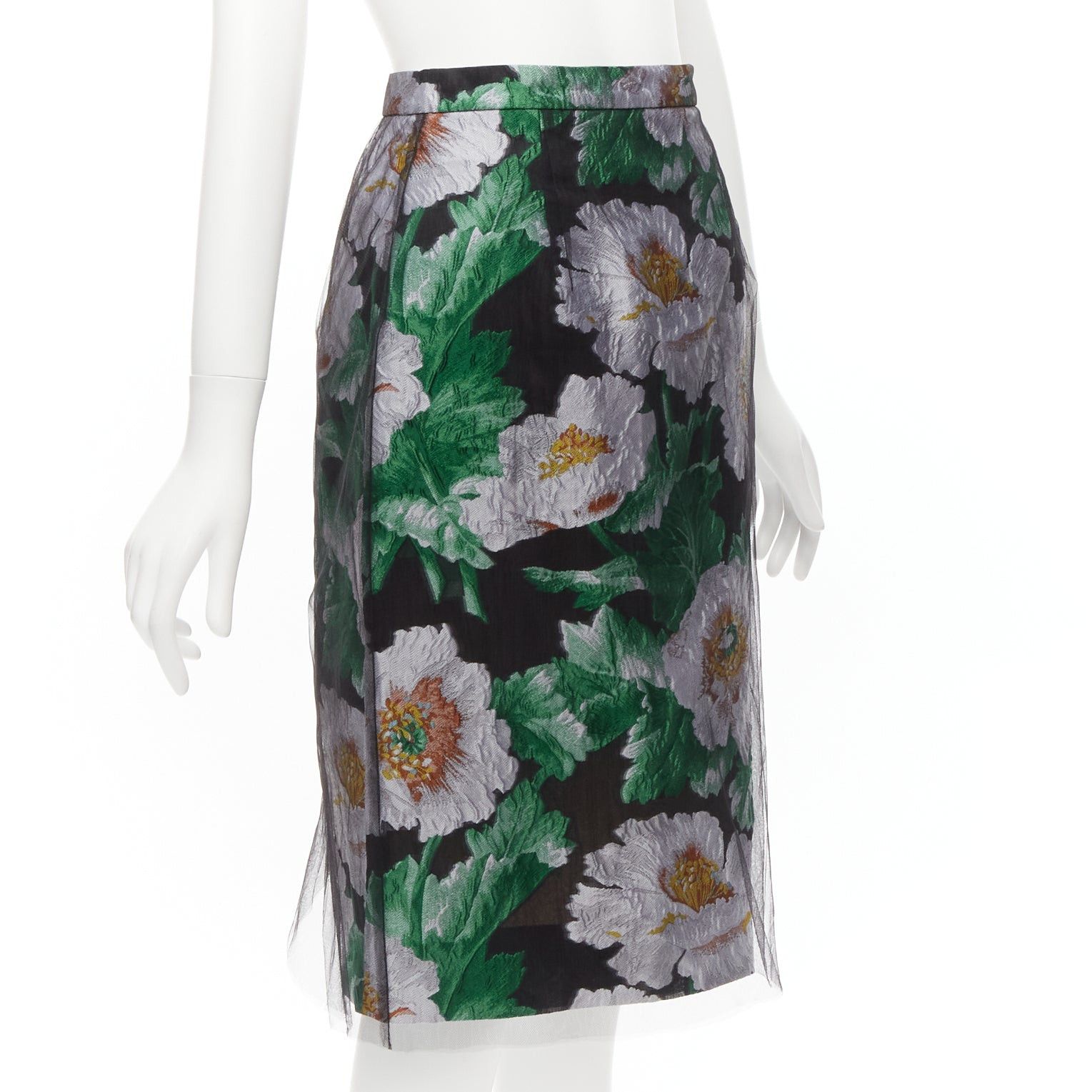 Oscar De La Renta OSCAR DE LA RENTA 2020 black tulle overlay grey green floral jacquard skirt US0 XS Size 26" / US 2 / IT 38 - 3 Thumbnail