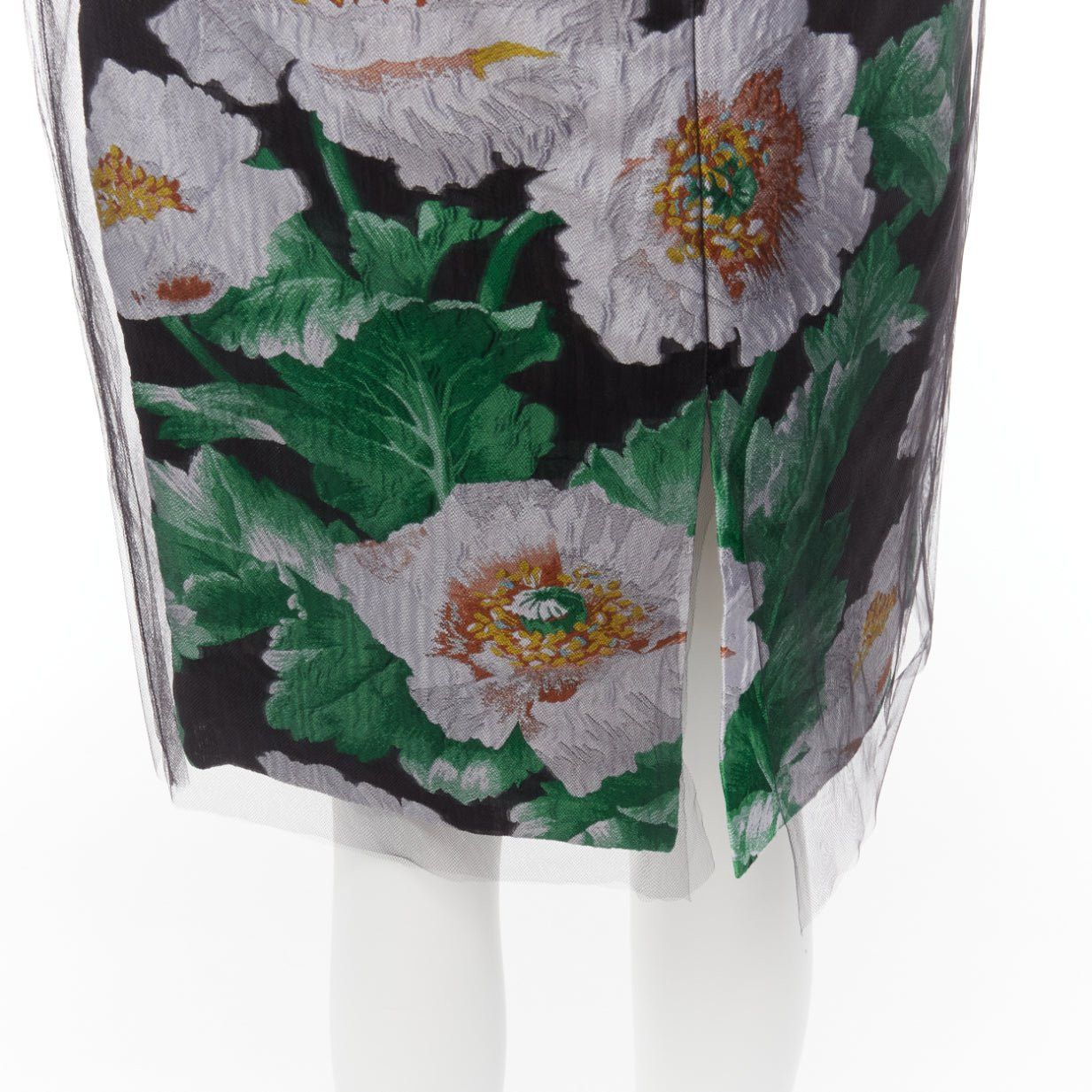 Oscar De La Renta OSCAR DE LA RENTA 2020 black tulle overlay grey green floral jacquard skirt US0 XS Size 26" / US 2 / IT 38 - 7 Thumbnail