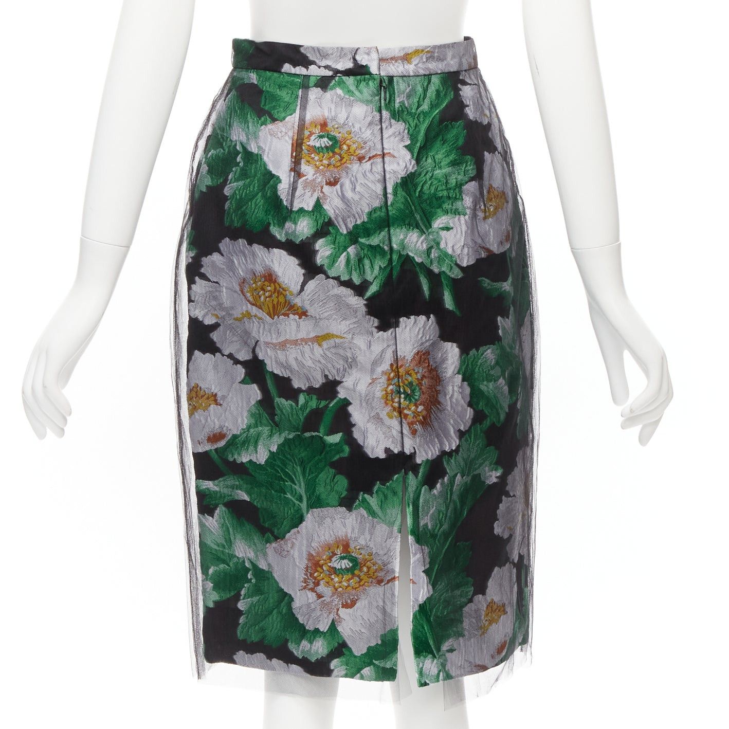 Oscar De La Renta OSCAR DE LA RENTA 2020 black tulle overlay grey green floral jacquard skirt US0 XS Size 26" / US 2 / IT 38 - 5 Thumbnail