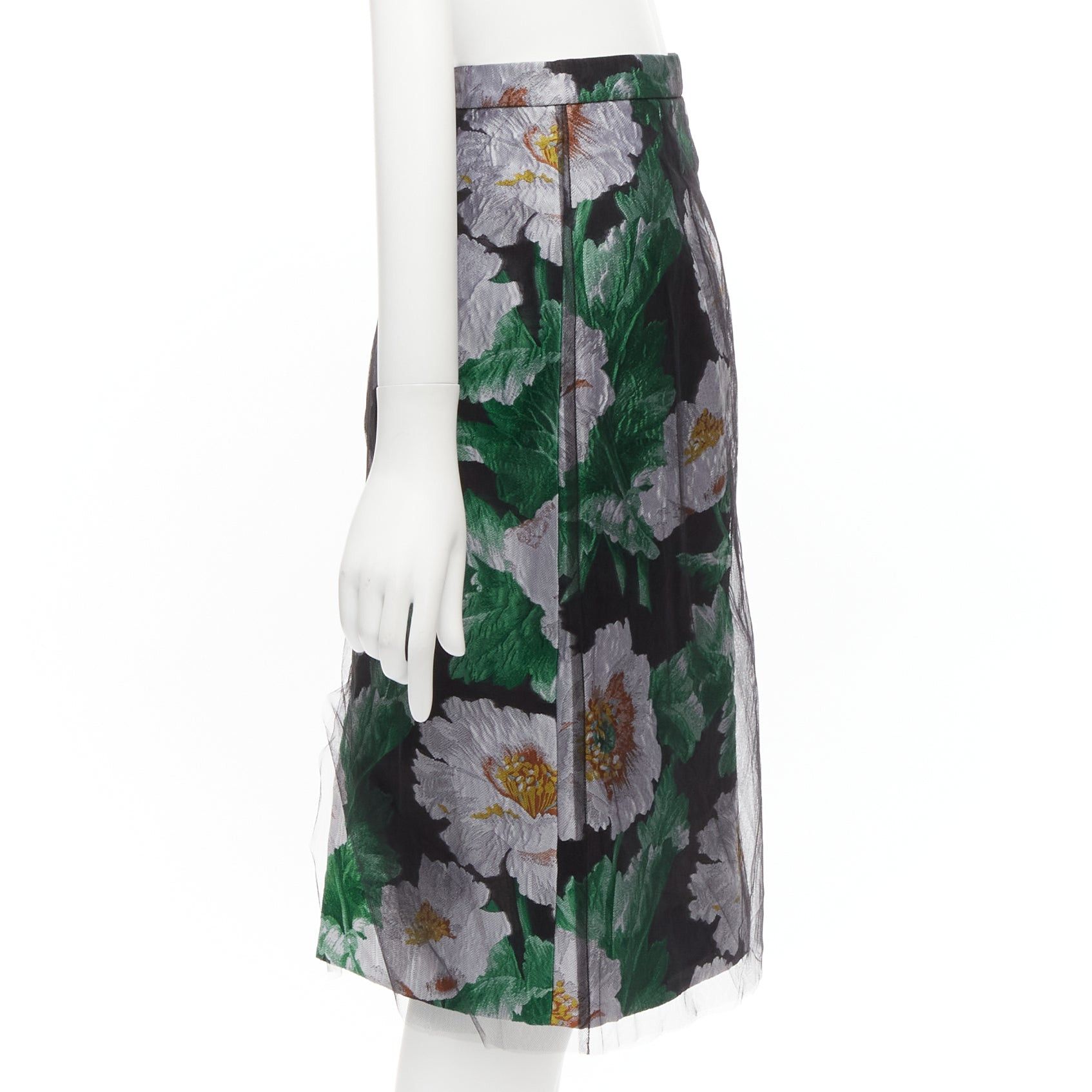 Oscar De La Renta OSCAR DE LA RENTA 2020 black tulle overlay grey green floral jacquard skirt US0 XS Size 26" / US 2 / IT 38 - 4 Thumbnail