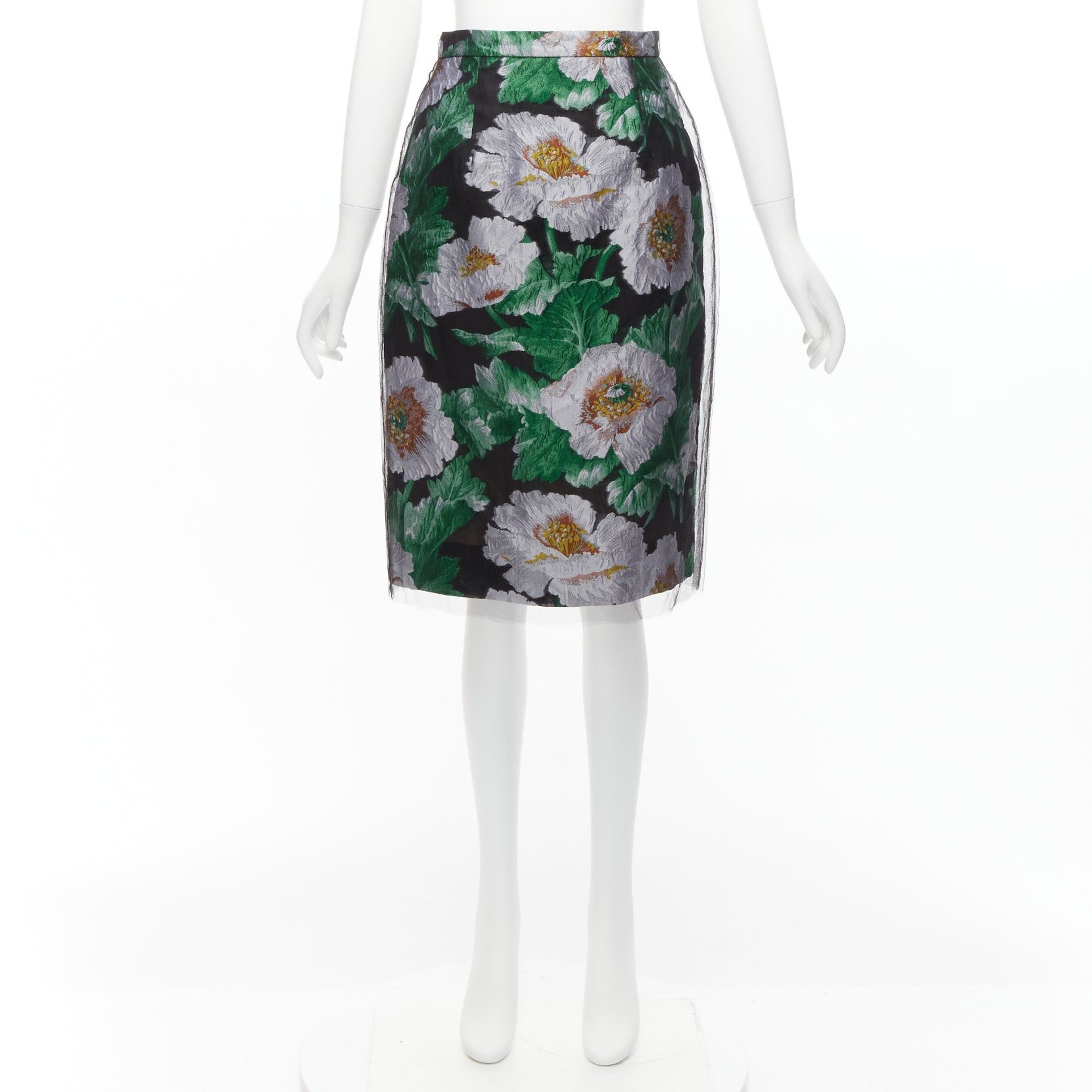 Oscar De La Renta OSCAR DE LA RENTA 2020 black tulle overlay grey green floral jacquard skirt US0 XS Size 26" / US 2 / IT 38 - 9 Thumbnail