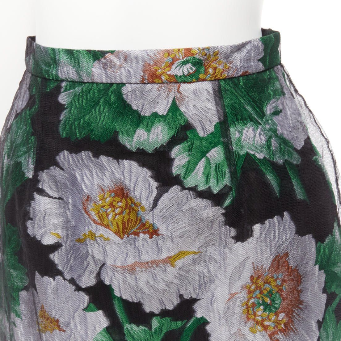 Oscar De La Renta OSCAR DE LA RENTA 2020 black tulle overlay grey green floral jacquard skirt US0 XS Size 26" / US 2 / IT 38 - 2 Thumbnail