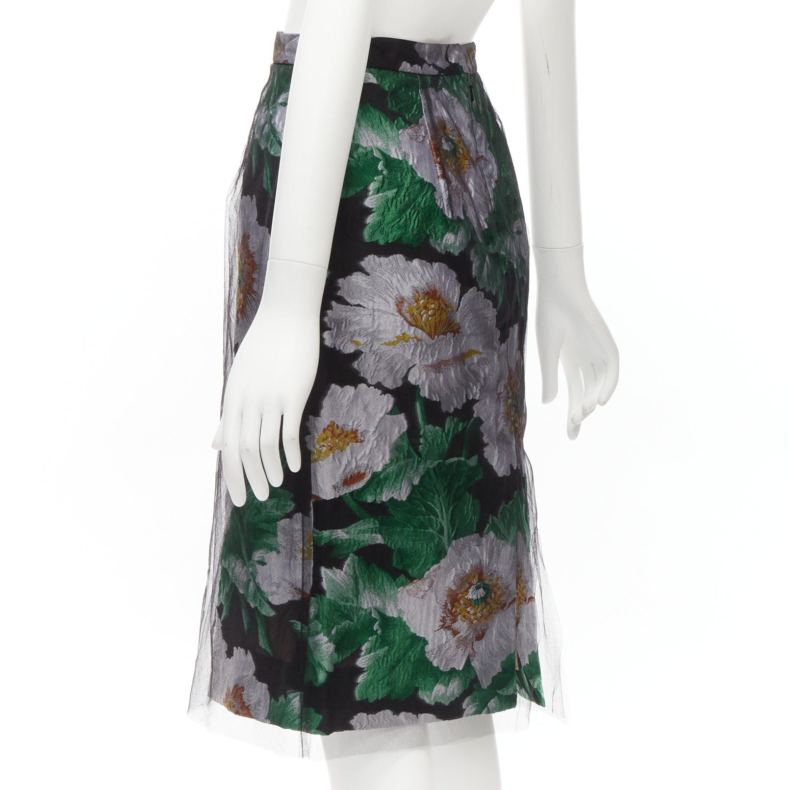 Oscar De La Renta OSCAR DE LA RENTA 2020 black tulle overlay grey green floral jacquard skirt US0 XS Size 26" / US 2 / IT 38 - 6 Thumbnail