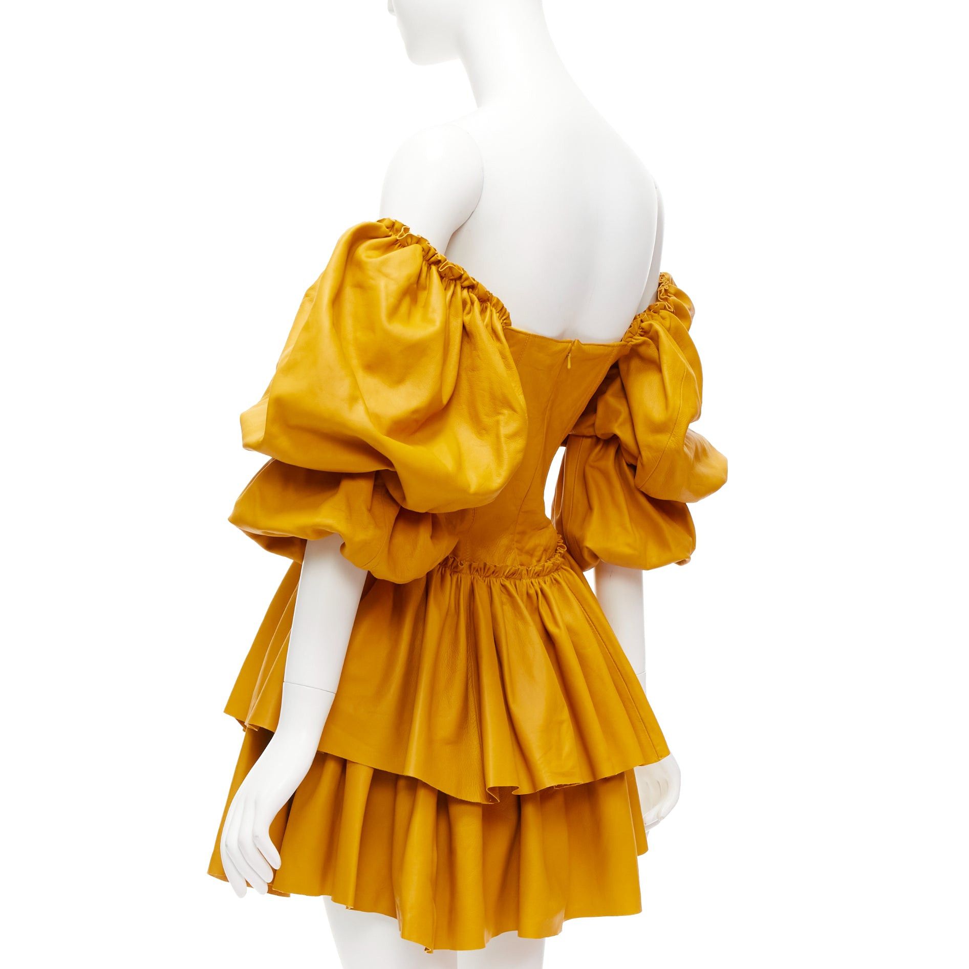 Aje AJE 2019 Castellain mustard yellow leather puff sleeve tiered mini dress UK6 XS Size XS / US 0-2 / IT 36-38 - 6 Thumbnail