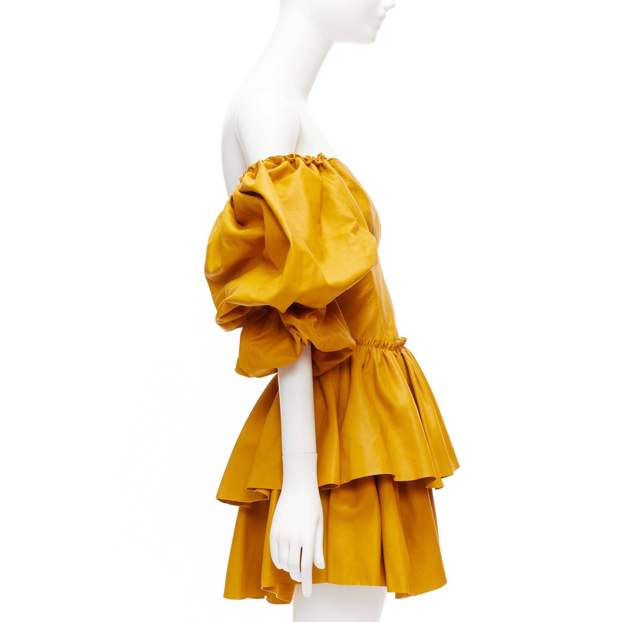 Aje AJE 2019 Castellain mustard yellow leather puff sleeve tiered mini dress UK6 XS Size XS / US 0-2 / IT 36-38 - 4 Thumbnail