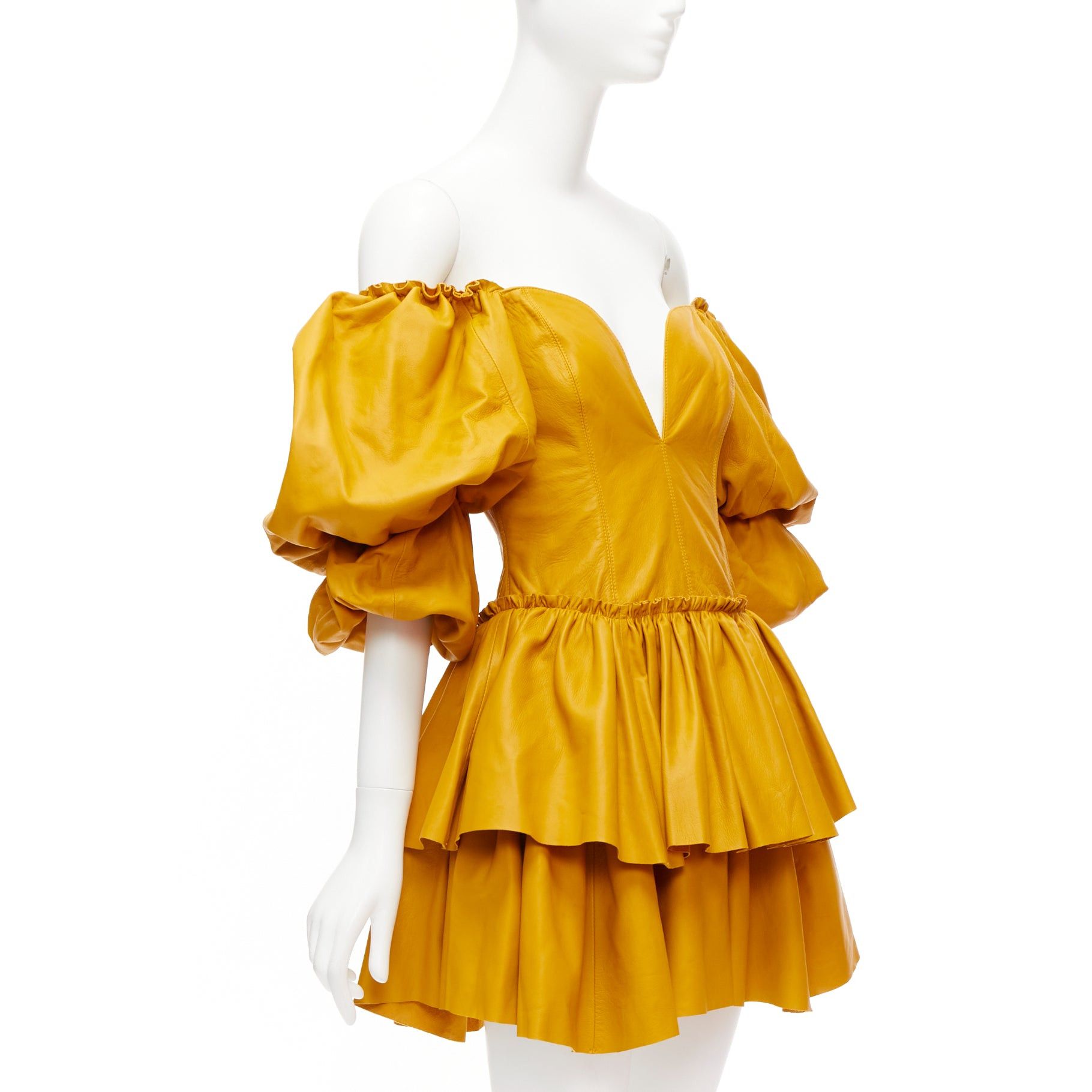 Aje AJE 2019 Castellain mustard yellow leather puff sleeve tiered mini dress UK6 XS Size XS / US 0-2 / IT 36-38 - 3 Thumbnail
