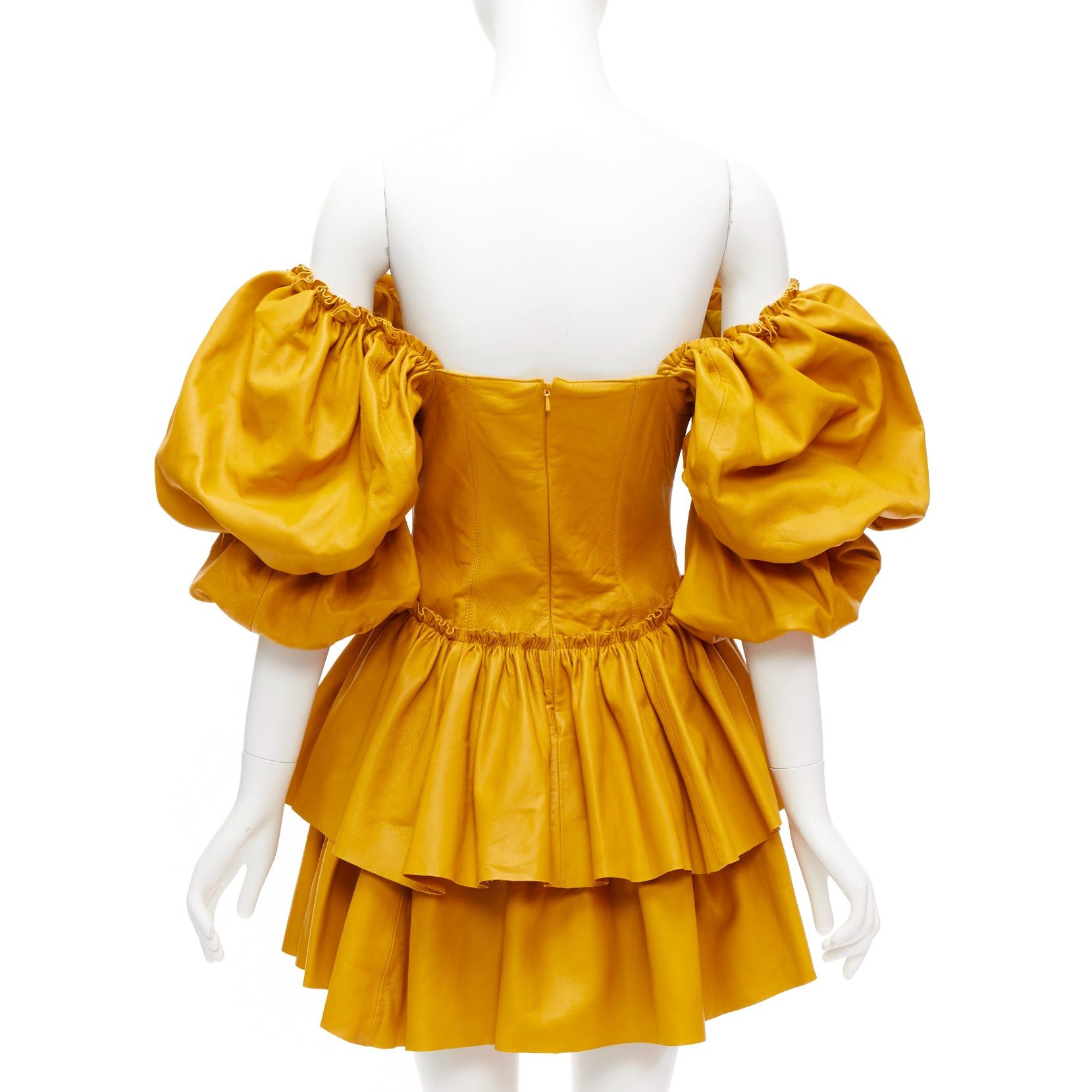 Aje AJE 2019 Castellain mustard yellow leather puff sleeve tiered mini dress UK6 XS Size XS / US 0-2 / IT 36-38 - 5 Thumbnail