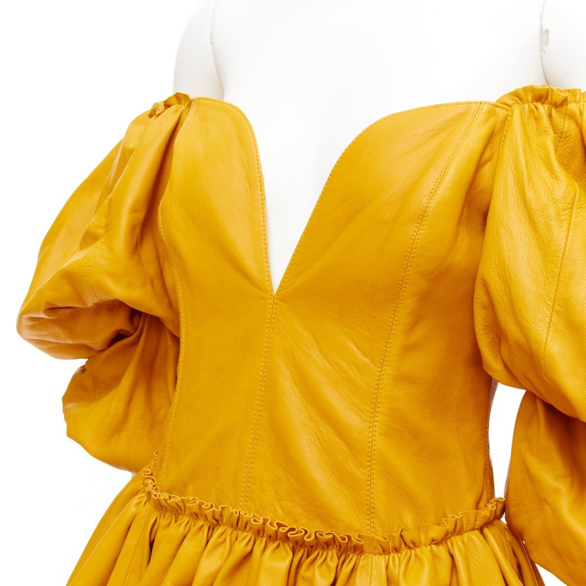 Aje AJE 2019 Castellain mustard yellow leather puff sleeve tiered mini dress UK6 XS Size XS / US 0-2 / IT 36-38 - 7 Thumbnail