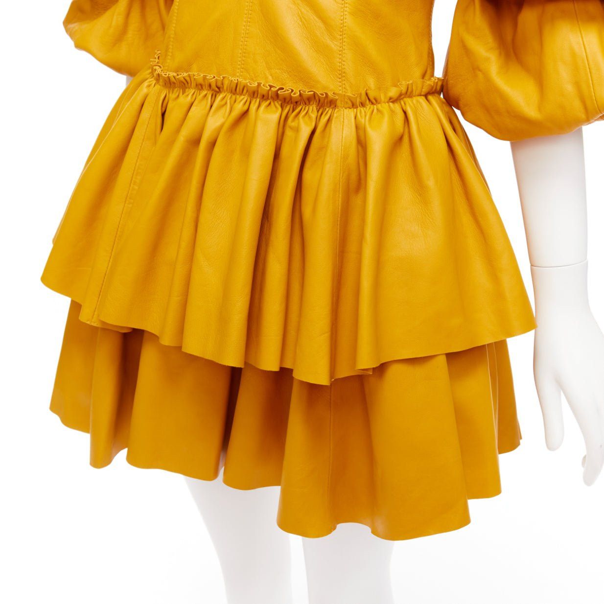 Aje AJE 2019 Castellain mustard yellow leather puff sleeve tiered mini dress UK6 XS Size XS / US 0-2 / IT 36-38 - 2 Thumbnail