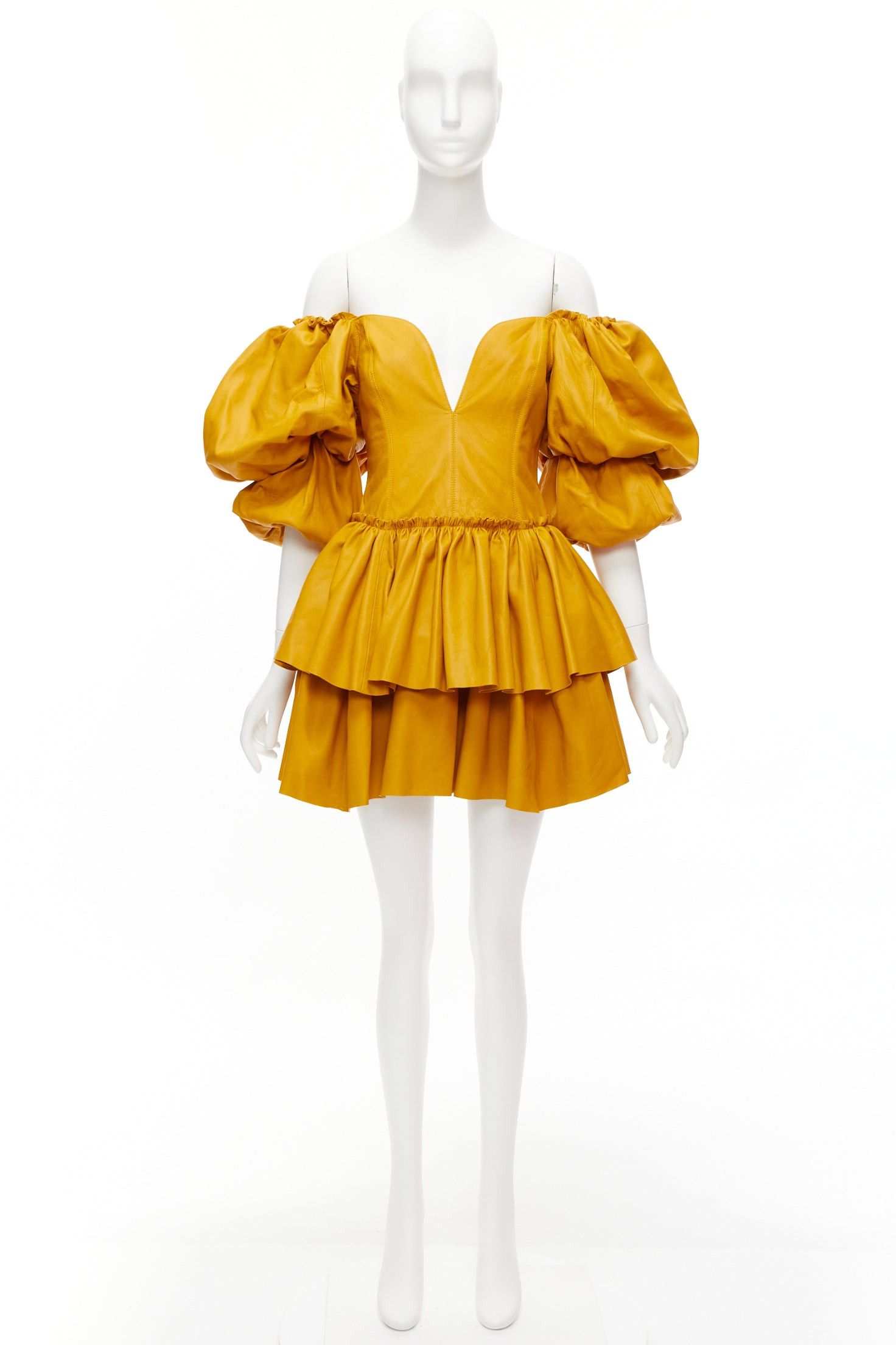 Aje AJE 2019 Castellain mustard yellow leather puff sleeve tiered mini dress UK6 XS Size XS / US 0-2 / IT 36-38 - 9 Thumbnail
