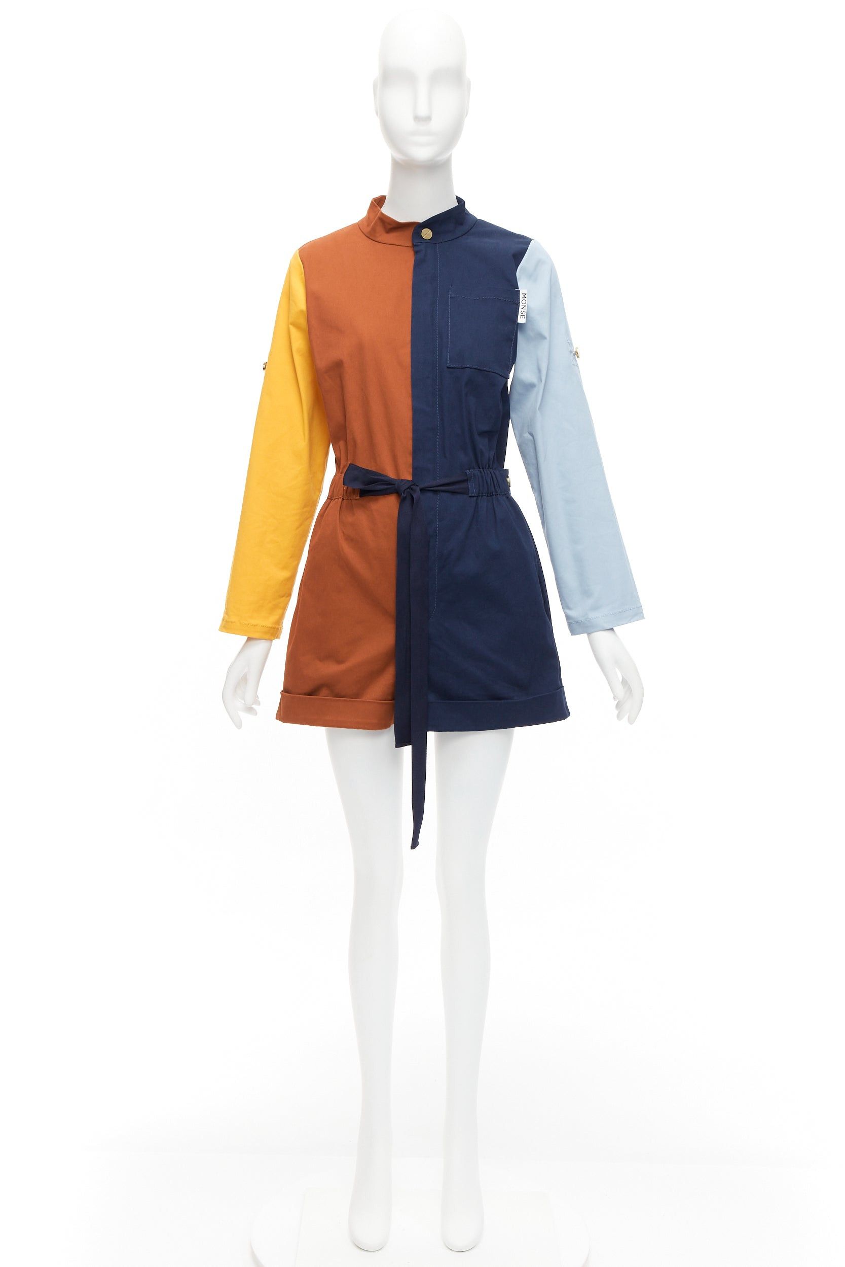 MONSE MONSE brown yellow navy colorblocked belted long sleeve romper US0 XS Size 26" / US 2 / IT 38 - 9 Thumbnail