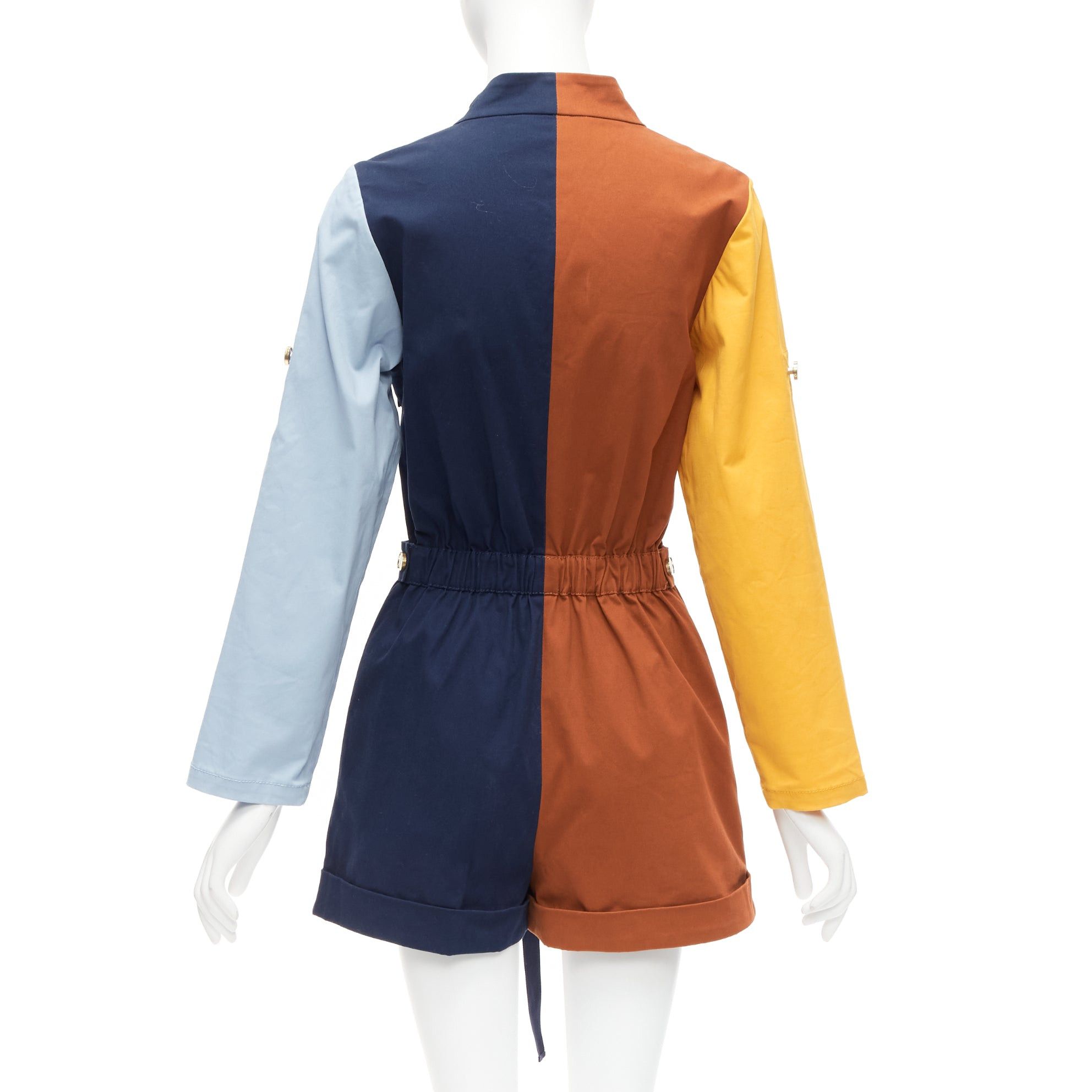 MONSE MONSE brown yellow navy colorblocked belted long sleeve romper US0 XS Size 26" / US 2 / IT 38 - 5 Thumbnail