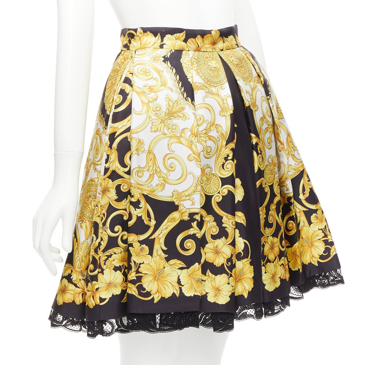 Versace VERSACE 2018 100% silk Barocco Hibiscus print lace trimmed flared skirt IT36 XS Size 25" / US 0 / IT 36 - 3 Thumbnail