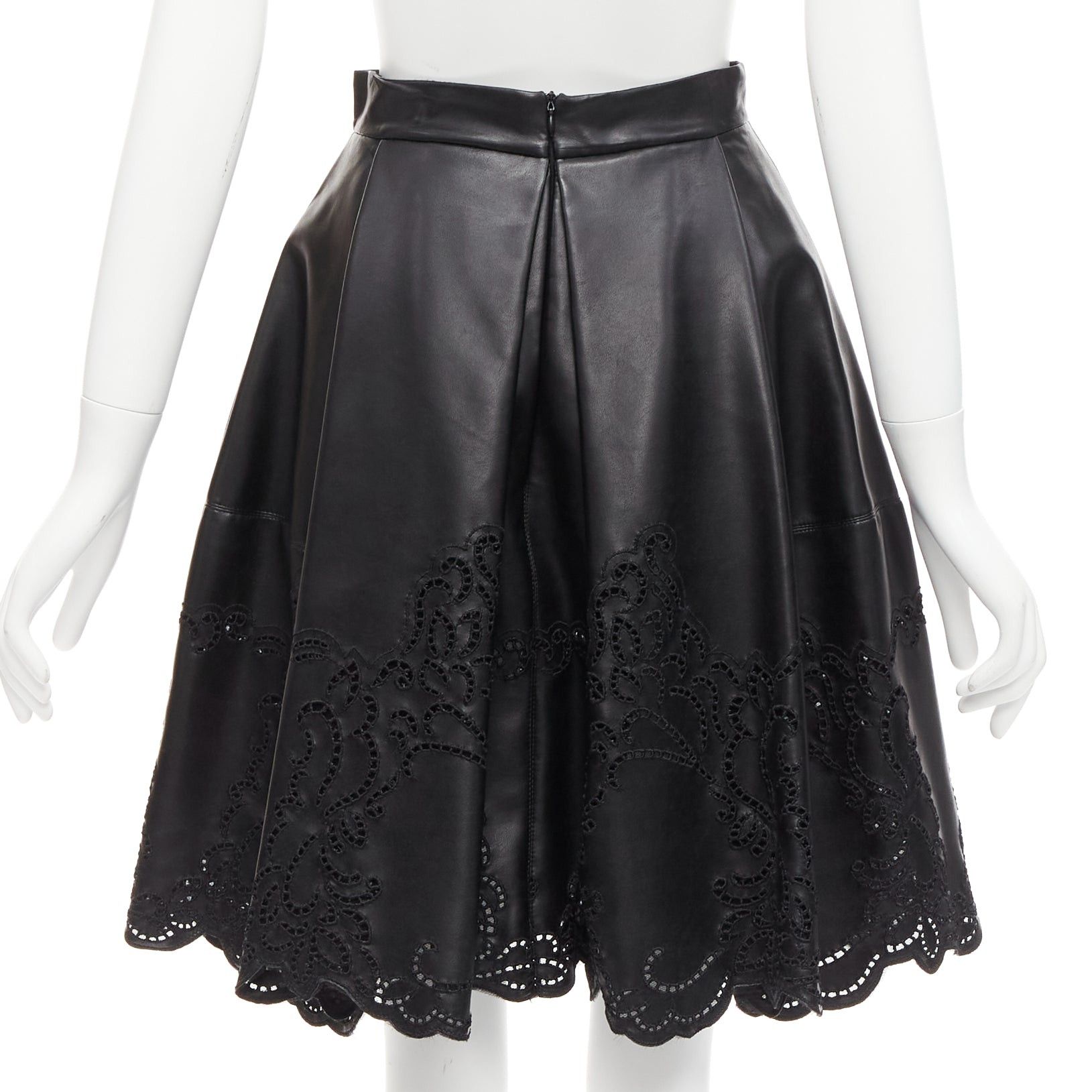 Ermanno Scervino ERMANNO SCERVINO black faux leather lattice embroidery scalloped skirt IT38 XS Size 26" / US 2 / IT 38 - 5 Thumbnail