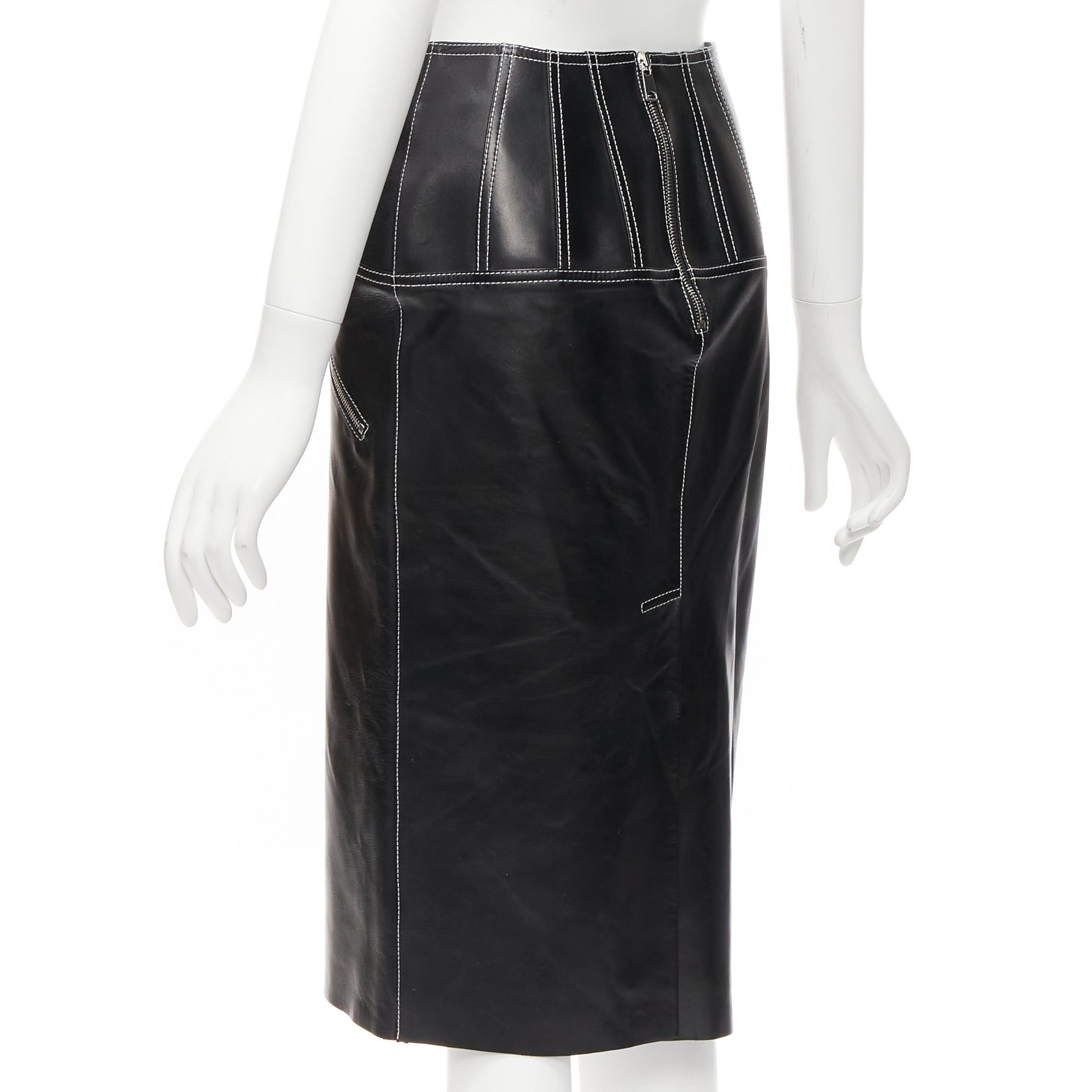 Alexander McQueen ALEXANDER MCQUEEN black leather white overstitch biker zip pencil skirt IT38 XS Size 26" / US 2 / IT 38 - 6 Thumbnail