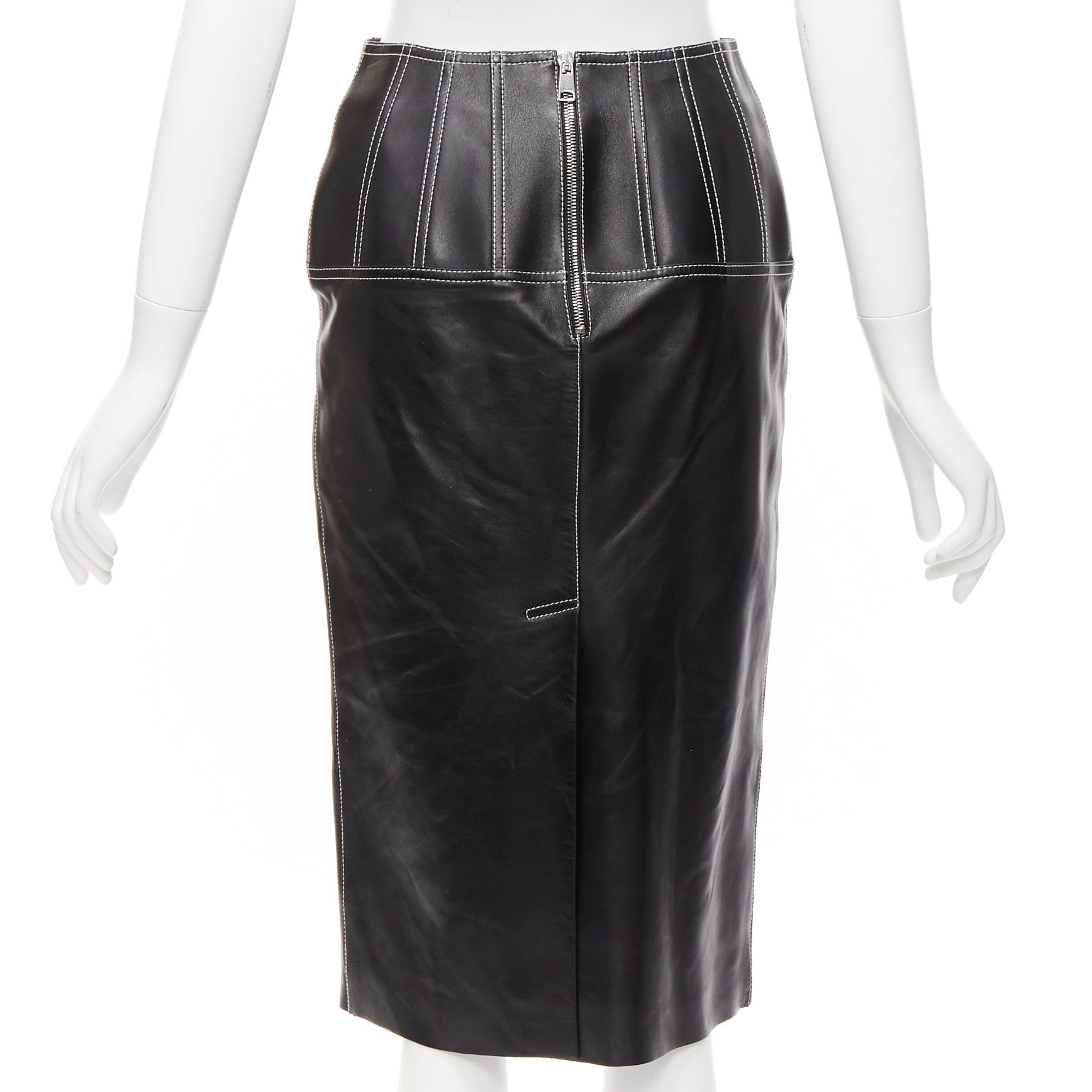 Alexander McQueen ALEXANDER MCQUEEN black leather white overstitch biker zip pencil skirt IT38 XS Size 26" / US 2 / IT 38 - 5 Thumbnail