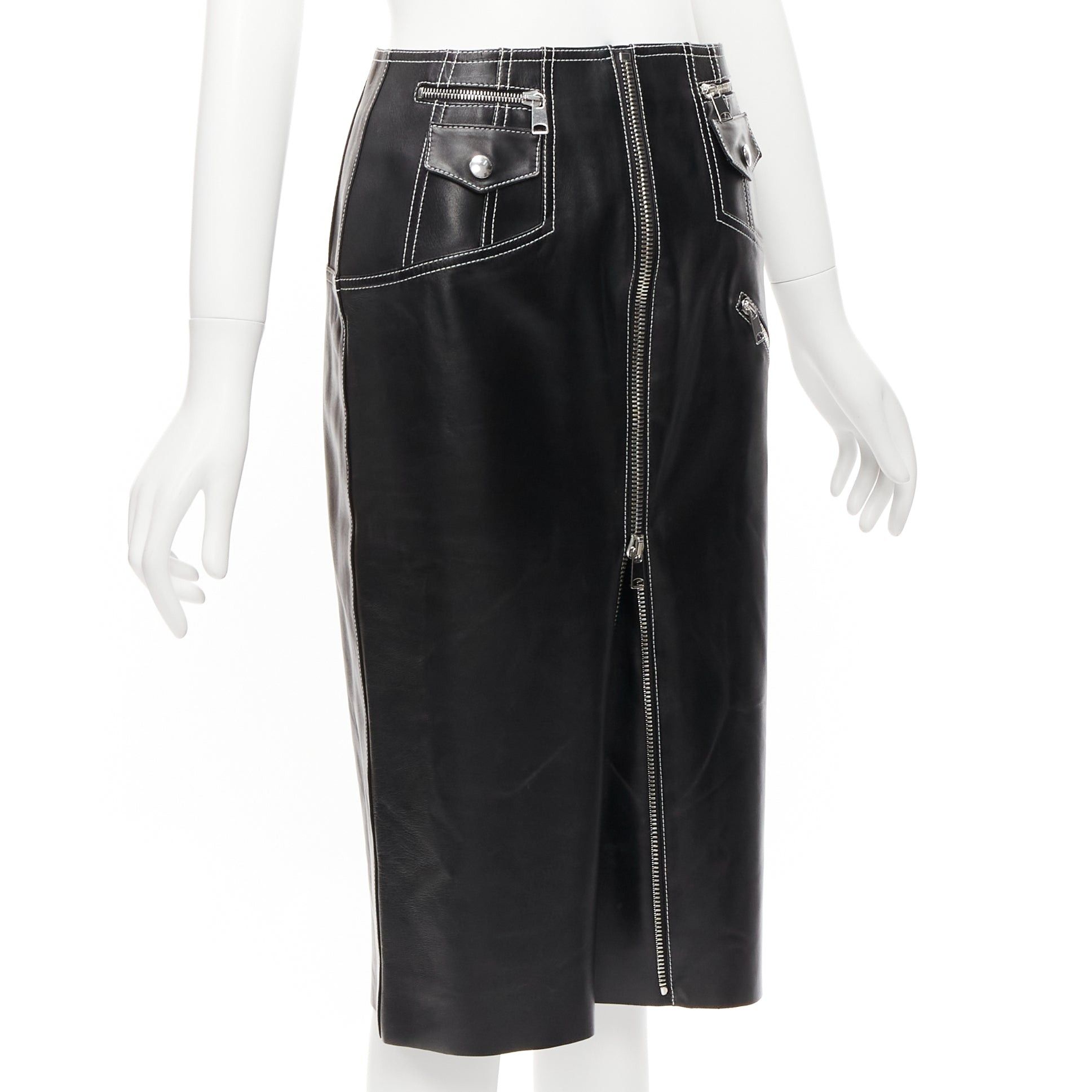 Alexander McQueen ALEXANDER MCQUEEN black leather white overstitch biker zip pencil skirt IT38 XS Size 26" / US 2 / IT 38 - 3 Thumbnail