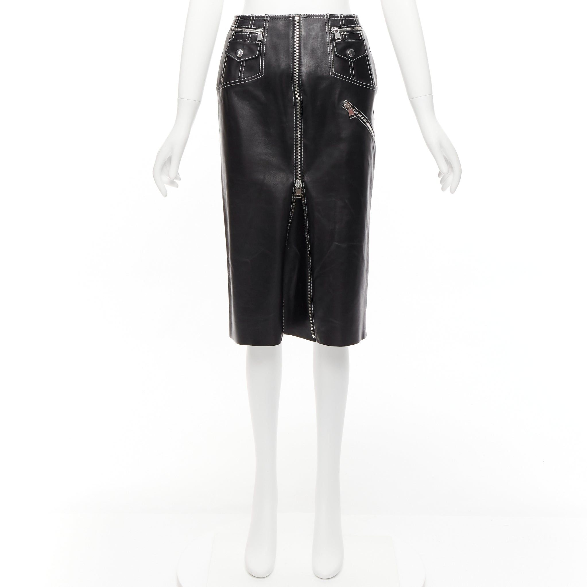 Alexander McQueen ALEXANDER MCQUEEN black leather white overstitch biker zip pencil skirt IT38 XS Size 26" / US 2 / IT 38 - 9 Thumbnail