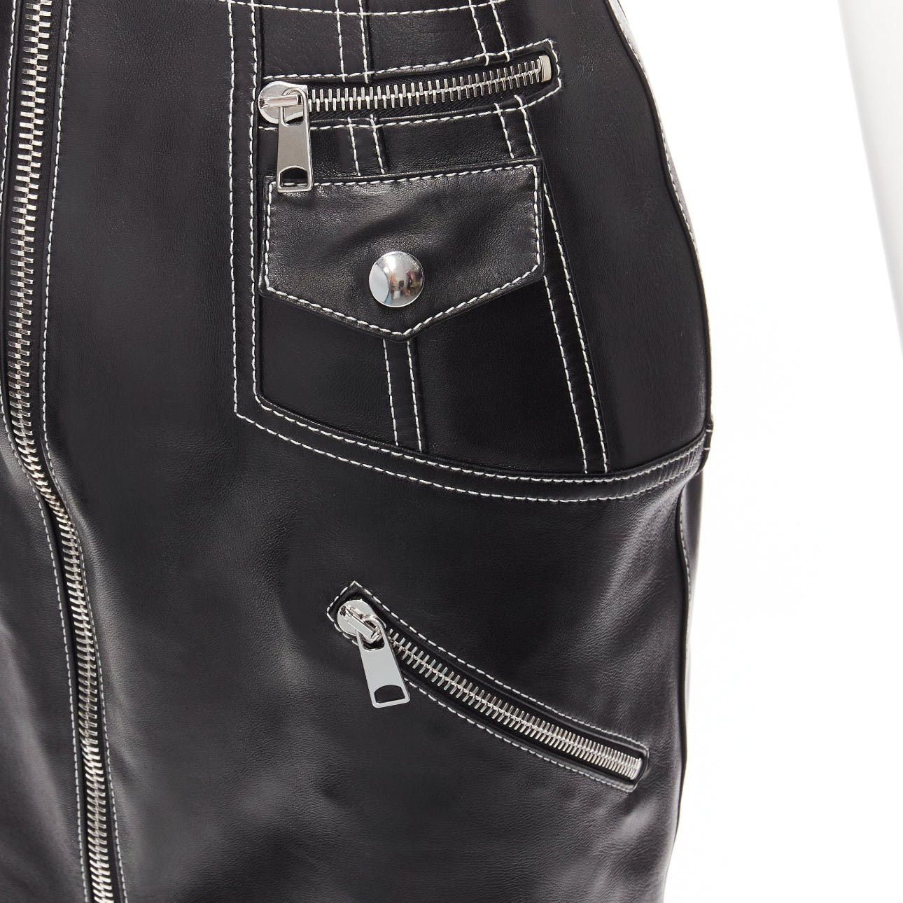 Alexander McQueen ALEXANDER MCQUEEN black leather white overstitch biker zip pencil skirt IT38 XS Size 26" / US 2 / IT 38 - 2 Thumbnail