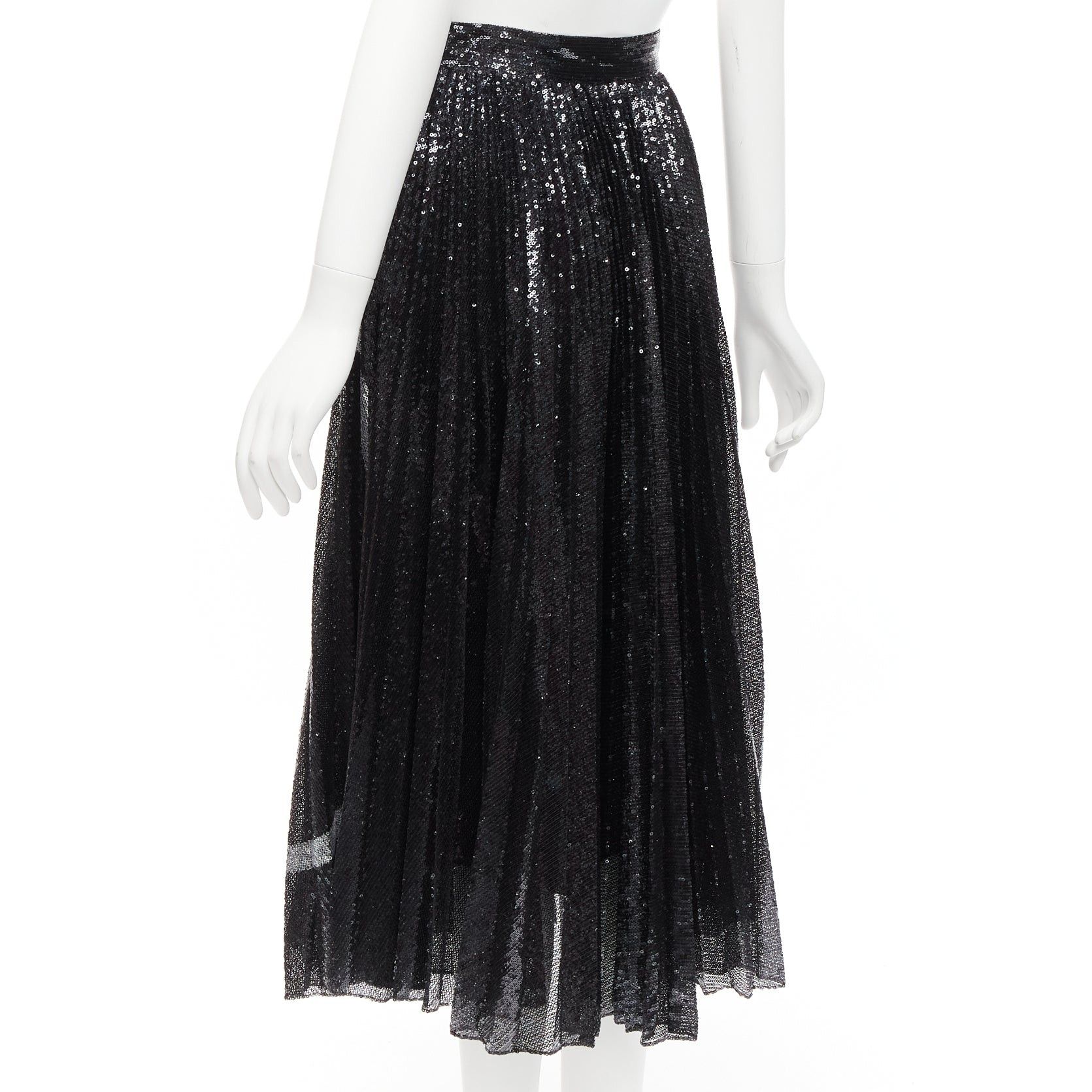 Valentino VALENTINO VLOGO black silver sequins embellished pleated plisse midi skirt XS Size 27" / US 4 / IT 40 - 6 Thumbnail