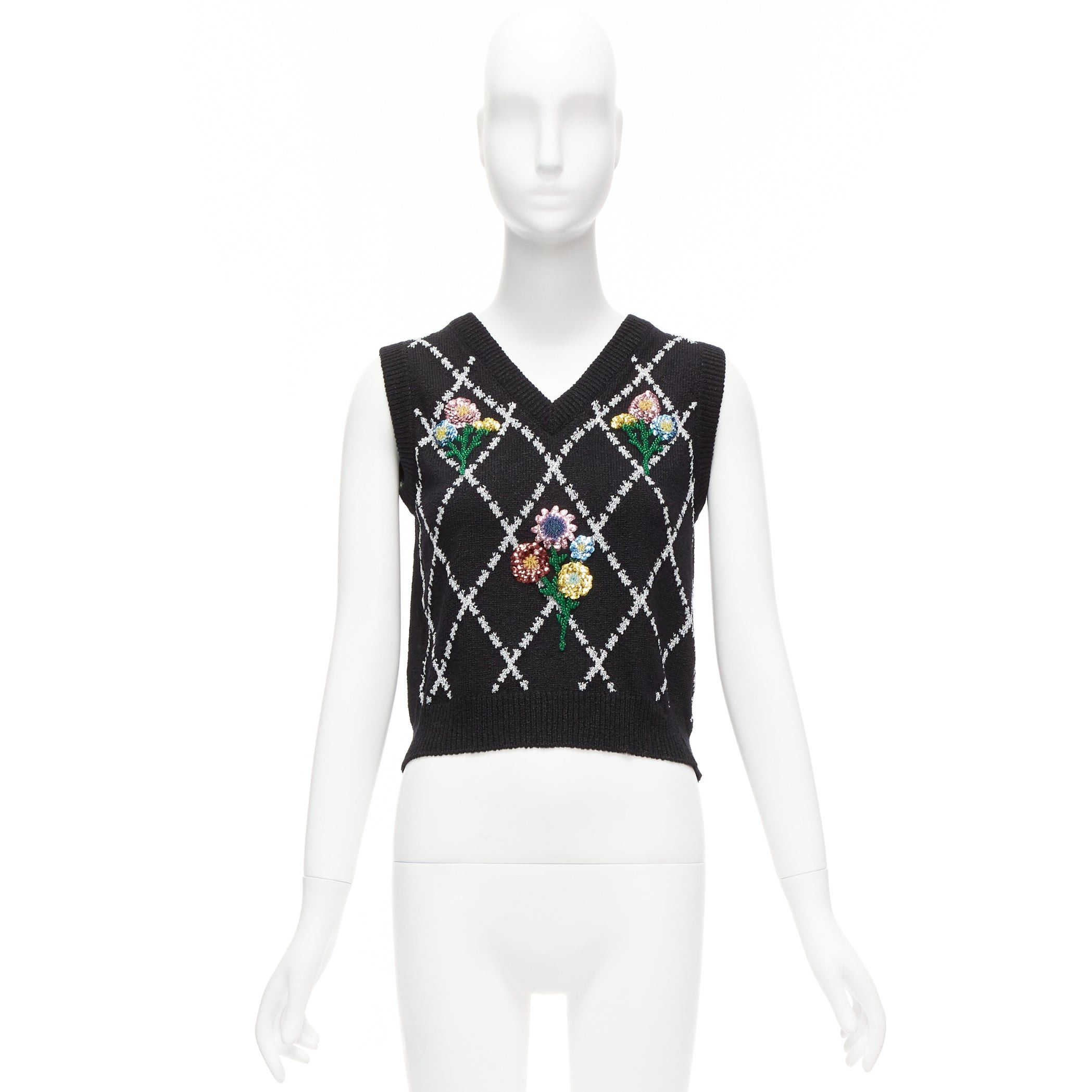 Gucci GUCCI black silver diamong argyle floral embellished sweater vest S Size S / US 4 / IT 40 - 9 Thumbnail