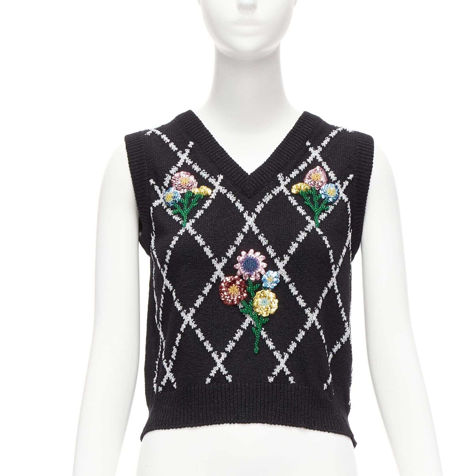 Gucci GUCCI black silver diamong argyle floral embellished sweater vest S Size S / US 4 / IT 40 - 2 Thumbnail