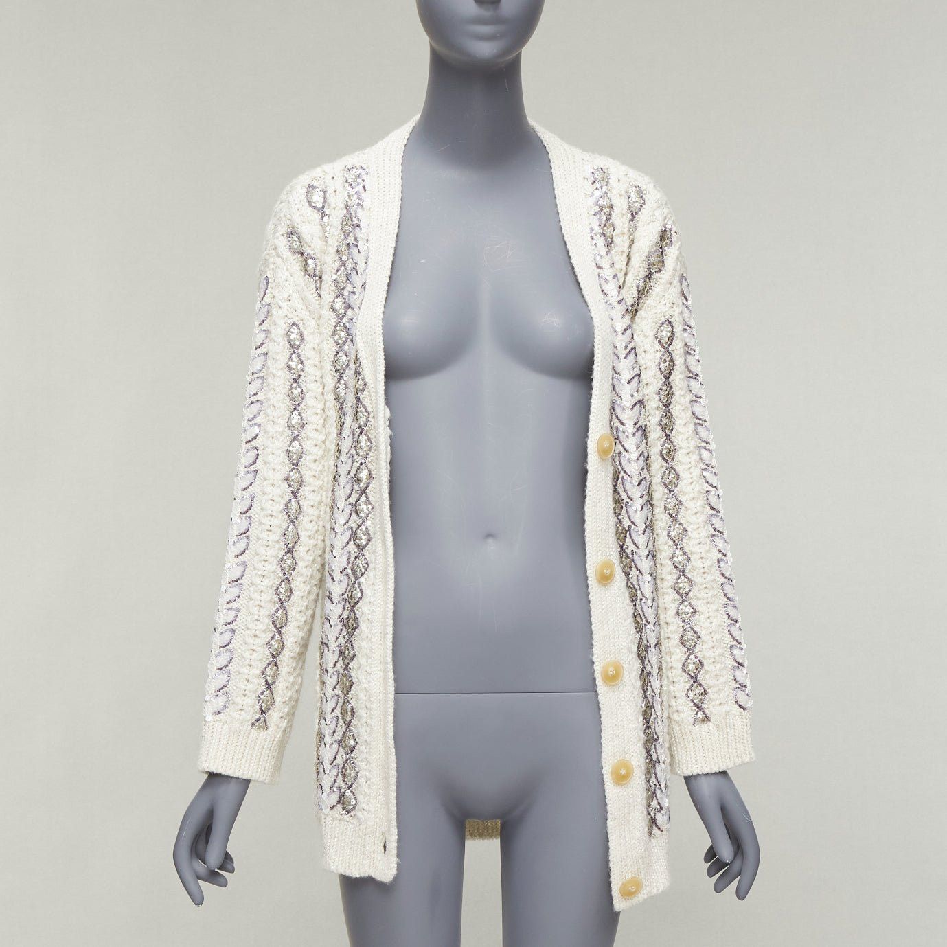 Valentino VALENTINO 2023 cream silver wool sequin logo embellished cardigan IT36 S Size XS / US 0-2 / IT 36-38 - 3 Thumbnail