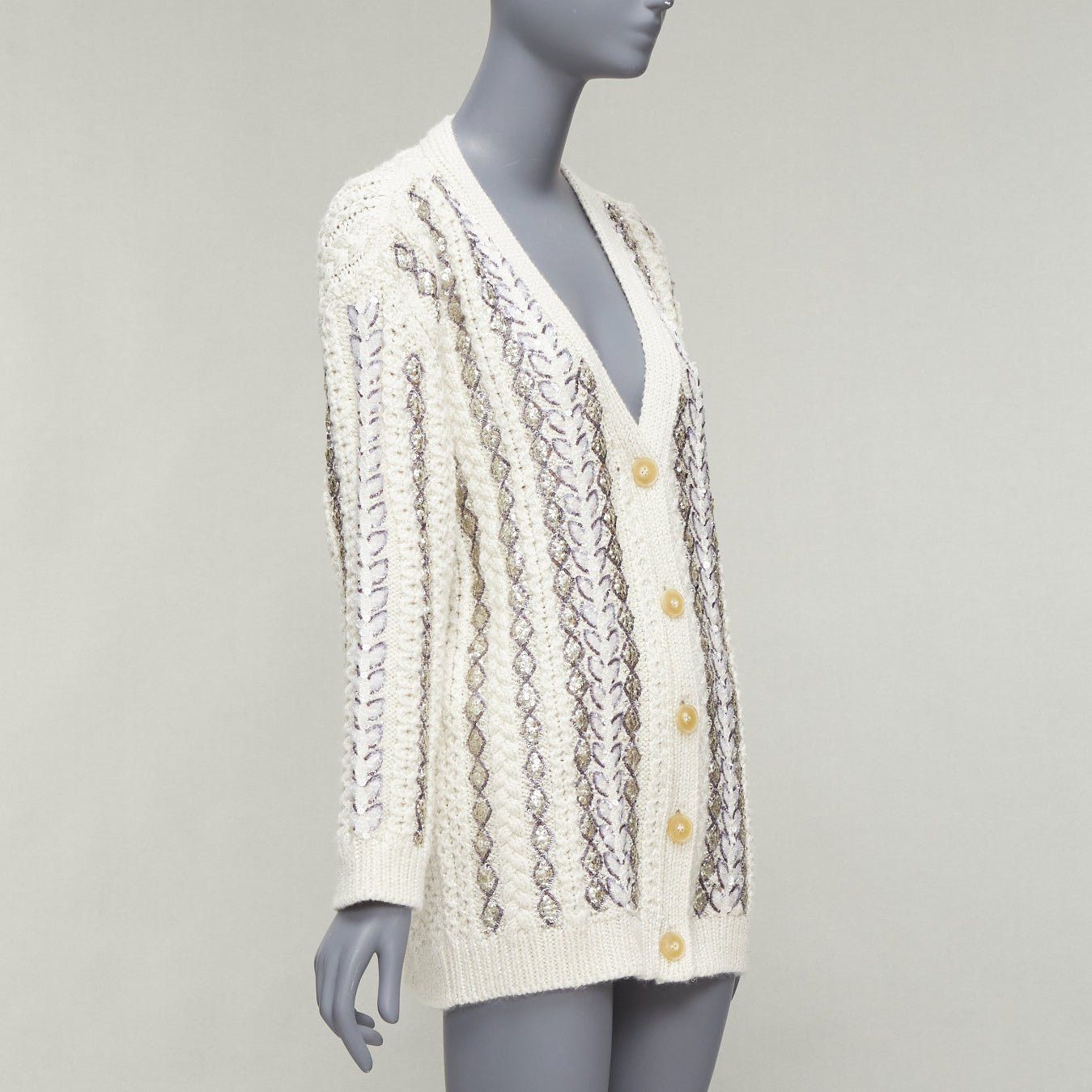 Valentino VALENTINO 2023 cream silver wool sequin logo embellished cardigan IT36 S Size XS / US 0-2 / IT 36-38 - 4 Thumbnail