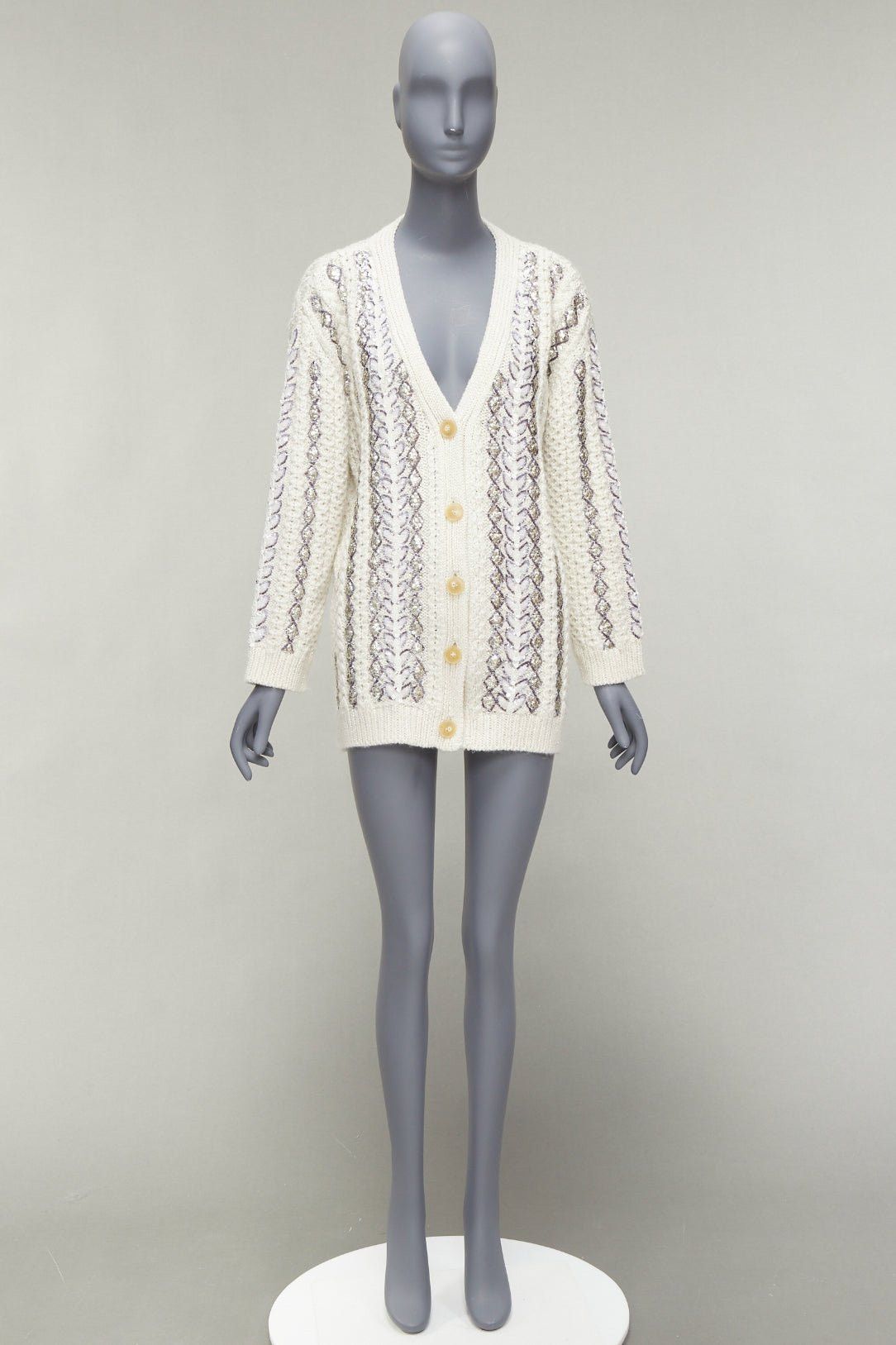 Valentino VALENTINO 2023 cream silver wool sequin logo embellished cardigan IT36 S Size XS / US 0-2 / IT 36-38 - 10 Thumbnail