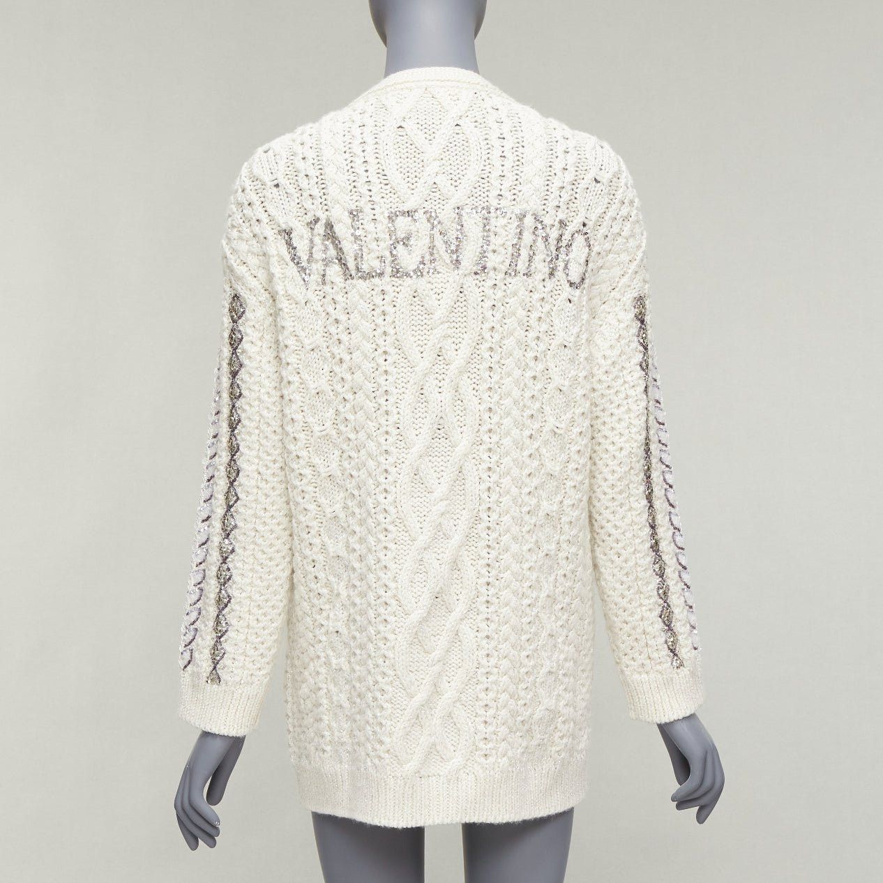 Valentino VALENTINO 2023 cream silver wool sequin logo embellished cardigan IT36 S Size XS / US 0-2 / IT 36-38 - 6 Thumbnail