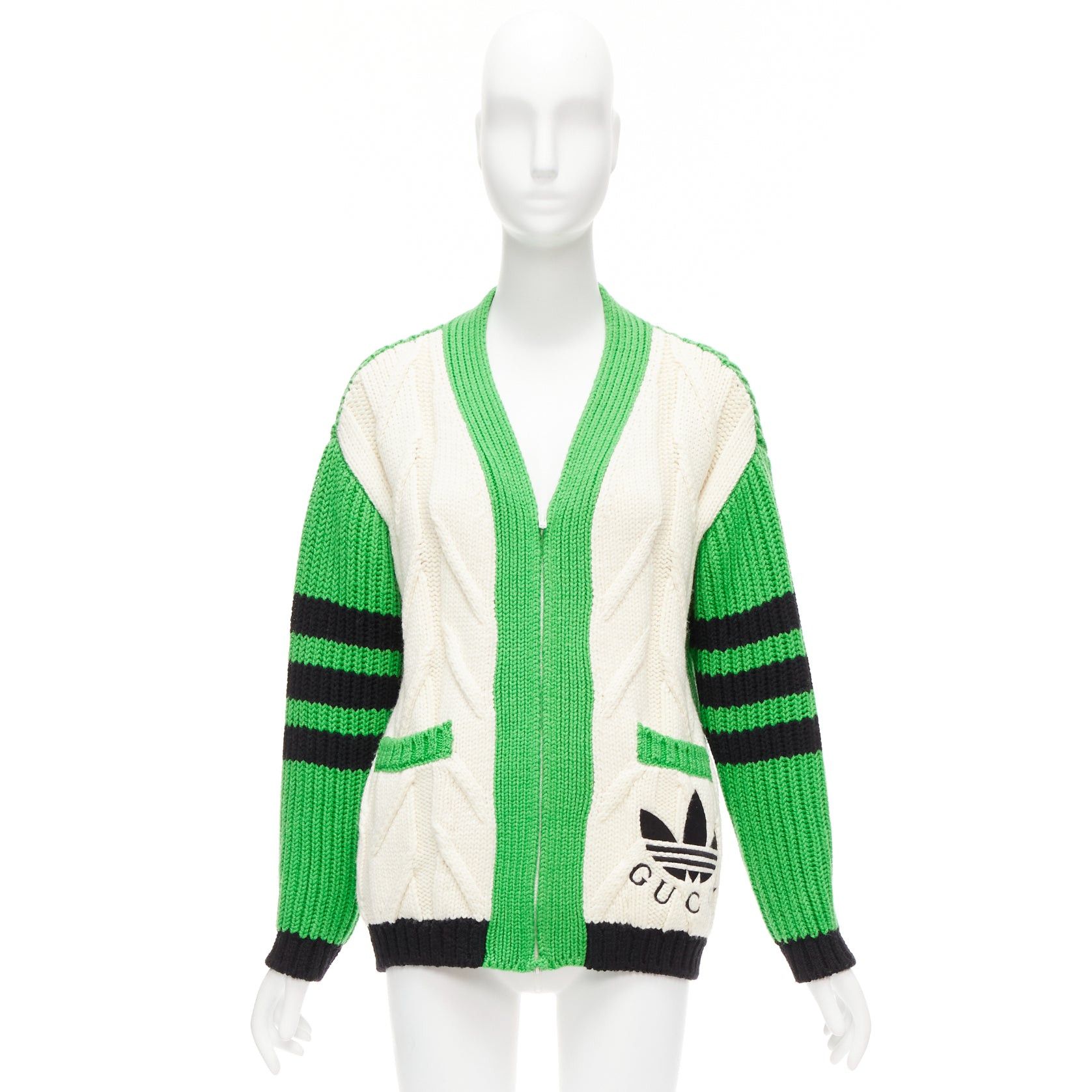 Gucci rare GUCCI ADIDAS green cream logo pocket varsity cable knit cardigan coat XXS Size XS / US 0-2 / IT 36-38 - 3 Thumbnail