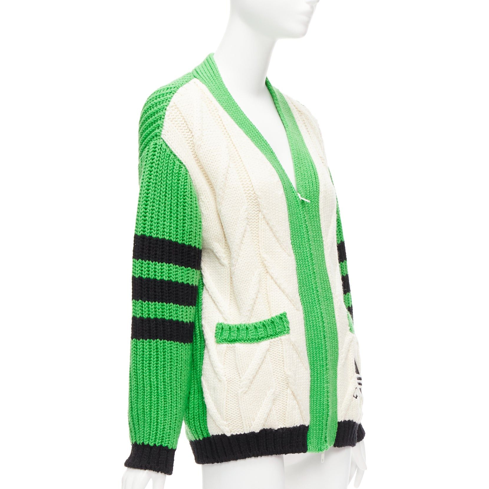 Gucci rare GUCCI ADIDAS green cream logo pocket varsity cable knit cardigan coat XXS Size XS / US 0-2 / IT 36-38 - 4 Thumbnail