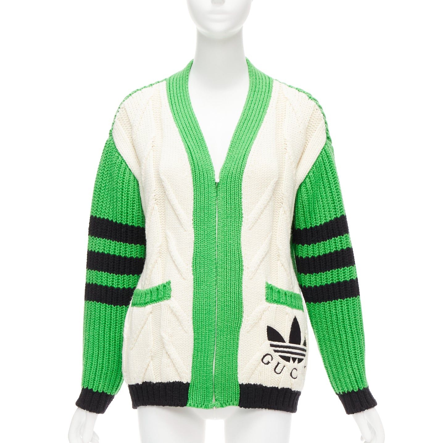 Gucci rare GUCCI ADIDAS green cream logo pocket varsity cable knit cardigan coat XXS Size XS / US 0-2 / IT 36-38 - 2 Thumbnail