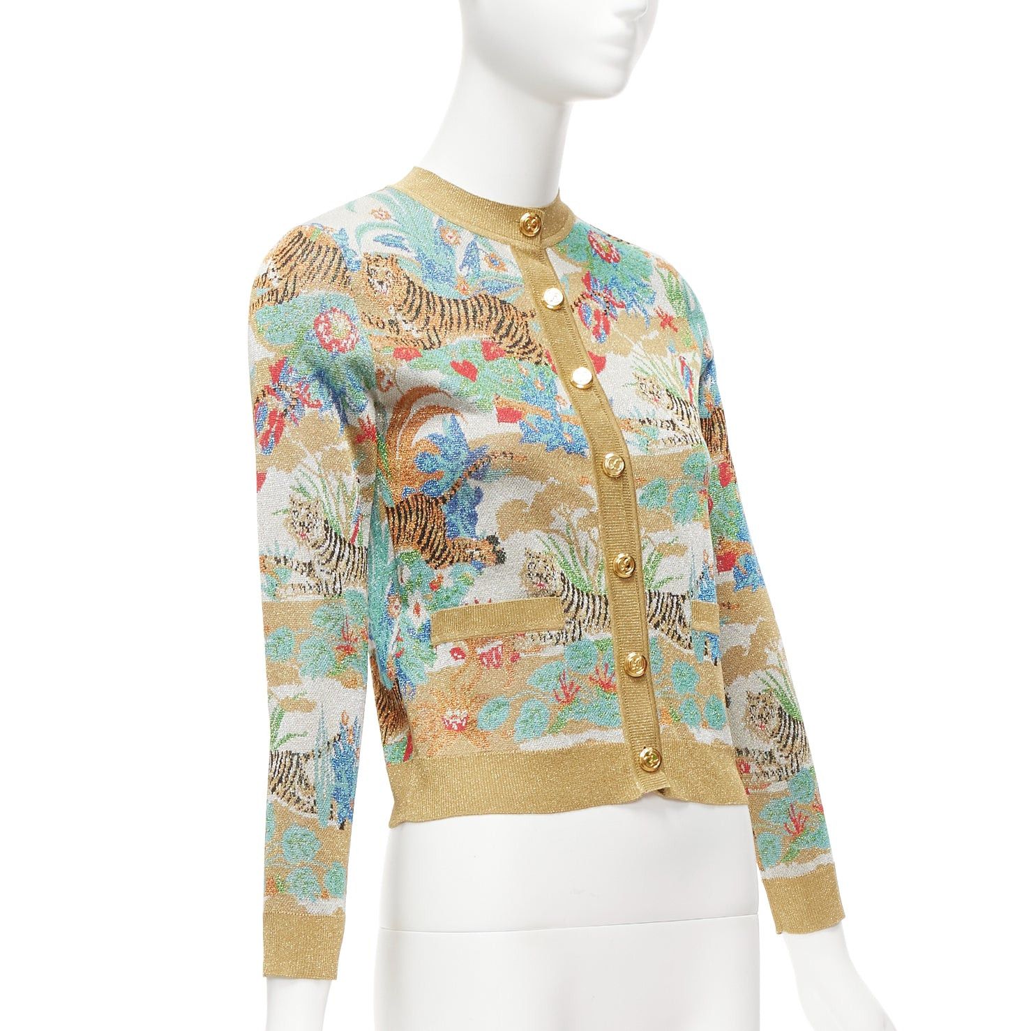 Gucci rare GUCCI Limited oriental tiger metallic gold lurex GG button cardigan XXS Size XS / US 0-2 / IT 36-38 - 4 Thumbnail