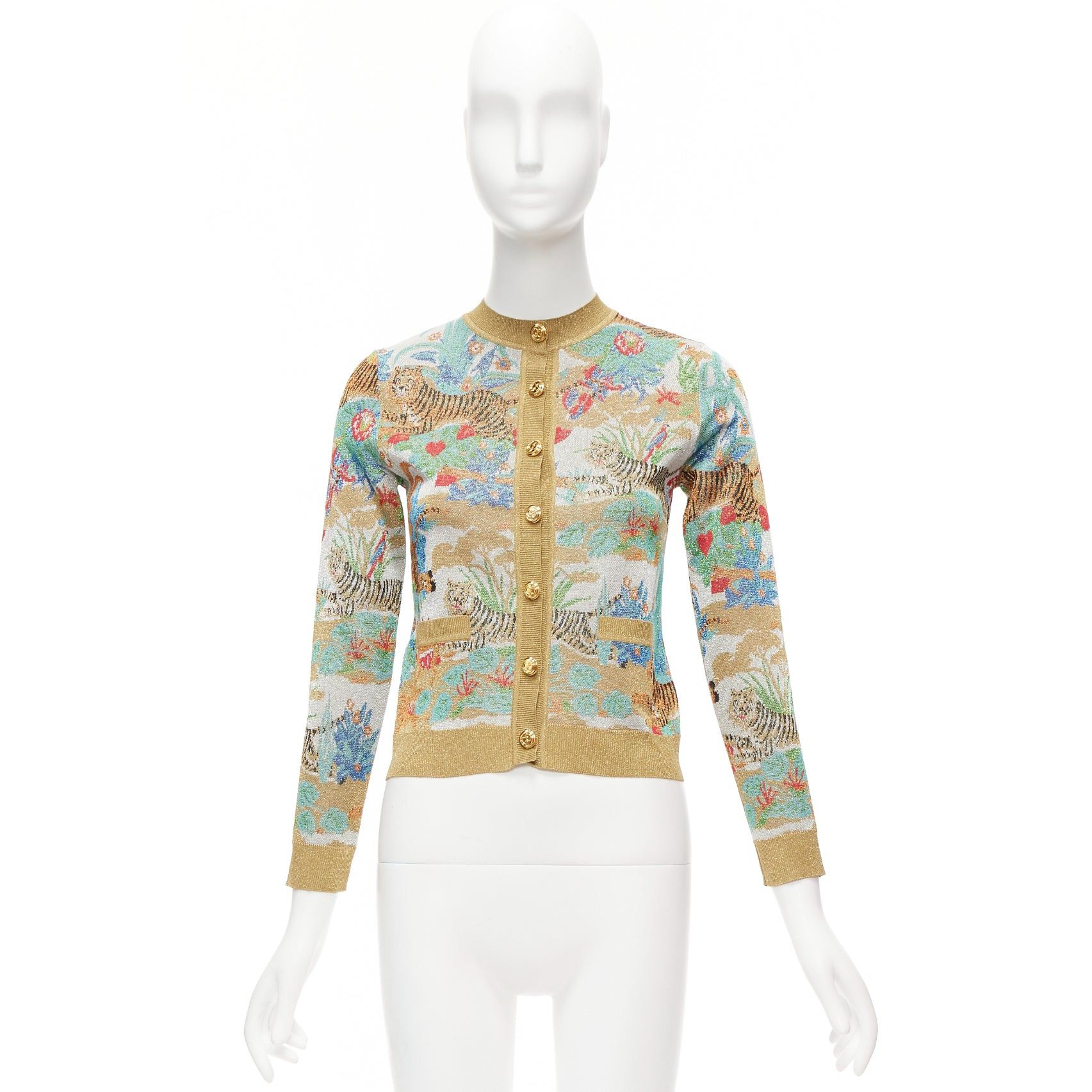 Gucci rare GUCCI Limited oriental tiger metallic gold lurex GG button cardigan XXS Size XS / US 0-2 / IT 36-38 - 10 Thumbnail