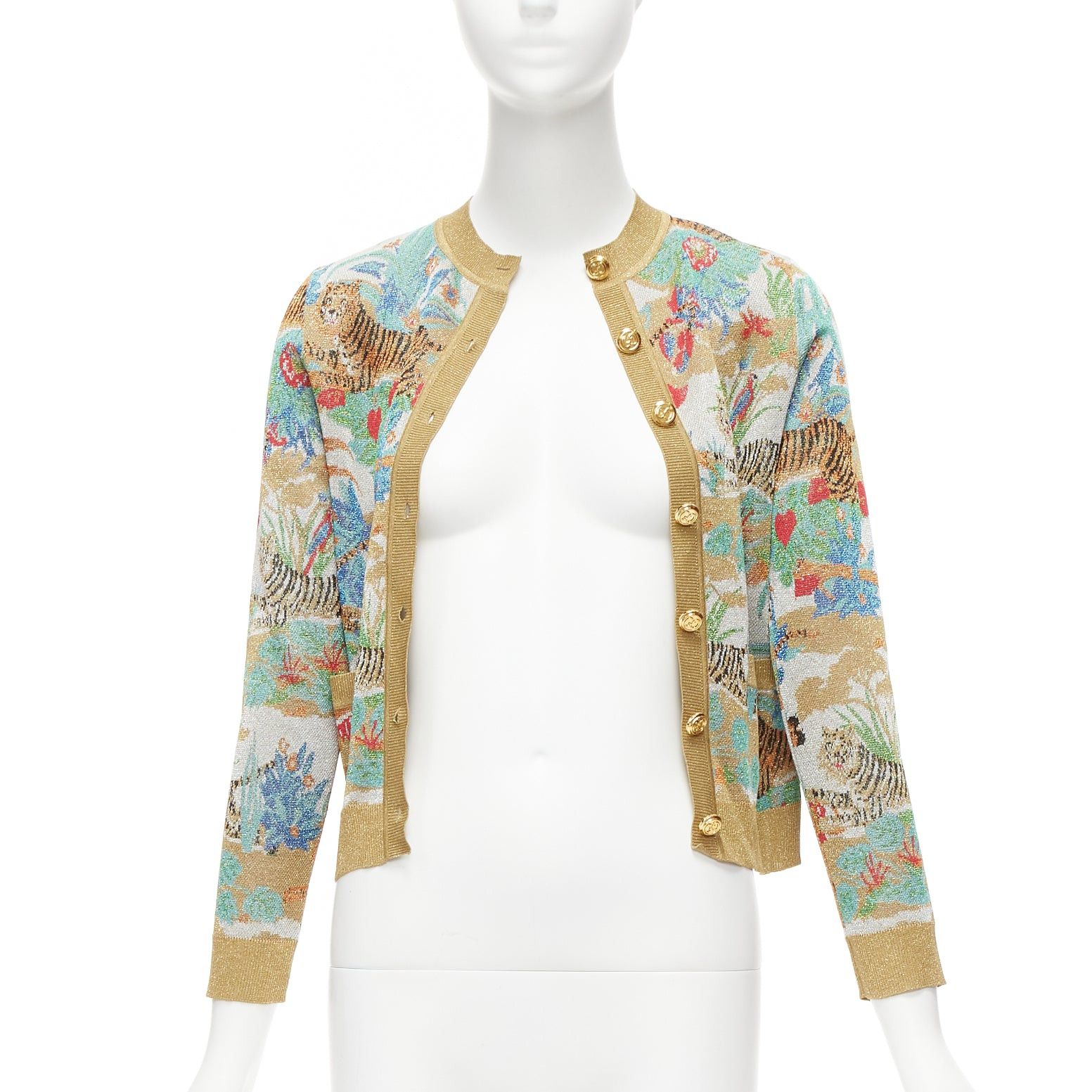 Gucci rare GUCCI Limited oriental tiger metallic gold lurex GG button cardigan XXS Size XS / US 0-2 / IT 36-38 - 3 Thumbnail