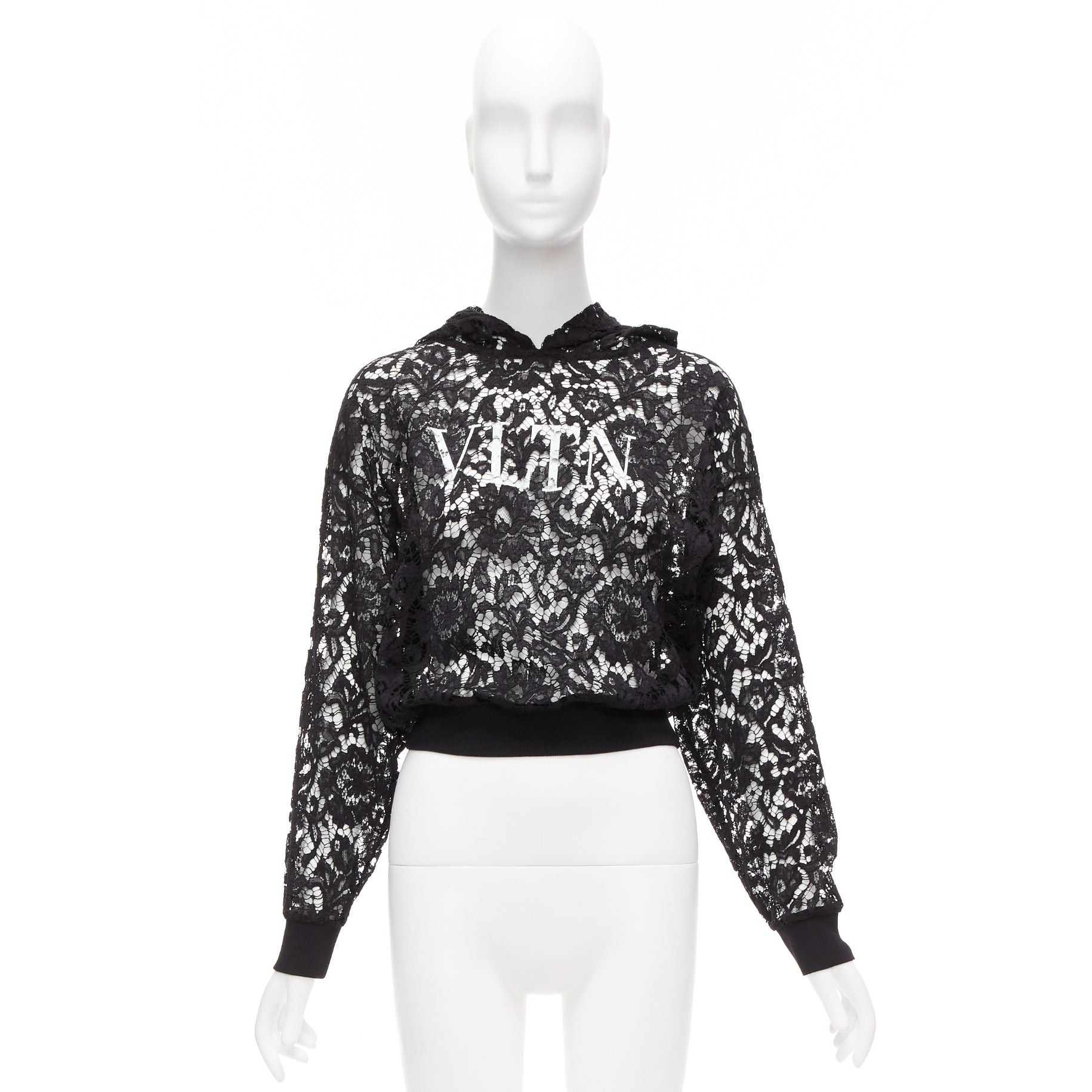 Valentino VALENTINO VLTN logo print floral black sheer lace hoodie lace cropped hoodie S Size S / US 4 / IT 40 - 9 Thumbnail