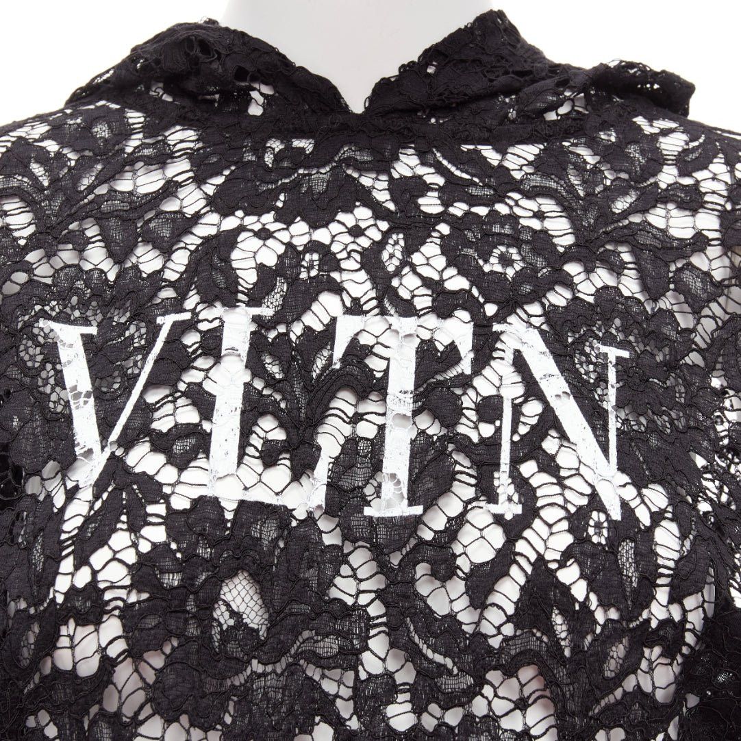 Valentino VALENTINO VLTN logo print floral black sheer lace hoodie lace cropped hoodie S Size S / US 4 / IT 40 - 2 Thumbnail
